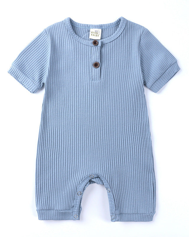 Ribbed Short-sleeved Snap Romper in Blue