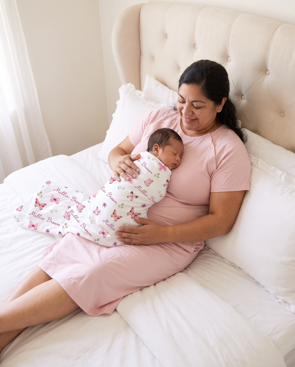 Labor & Delivery Gown in Pink — mom and newborn on bed