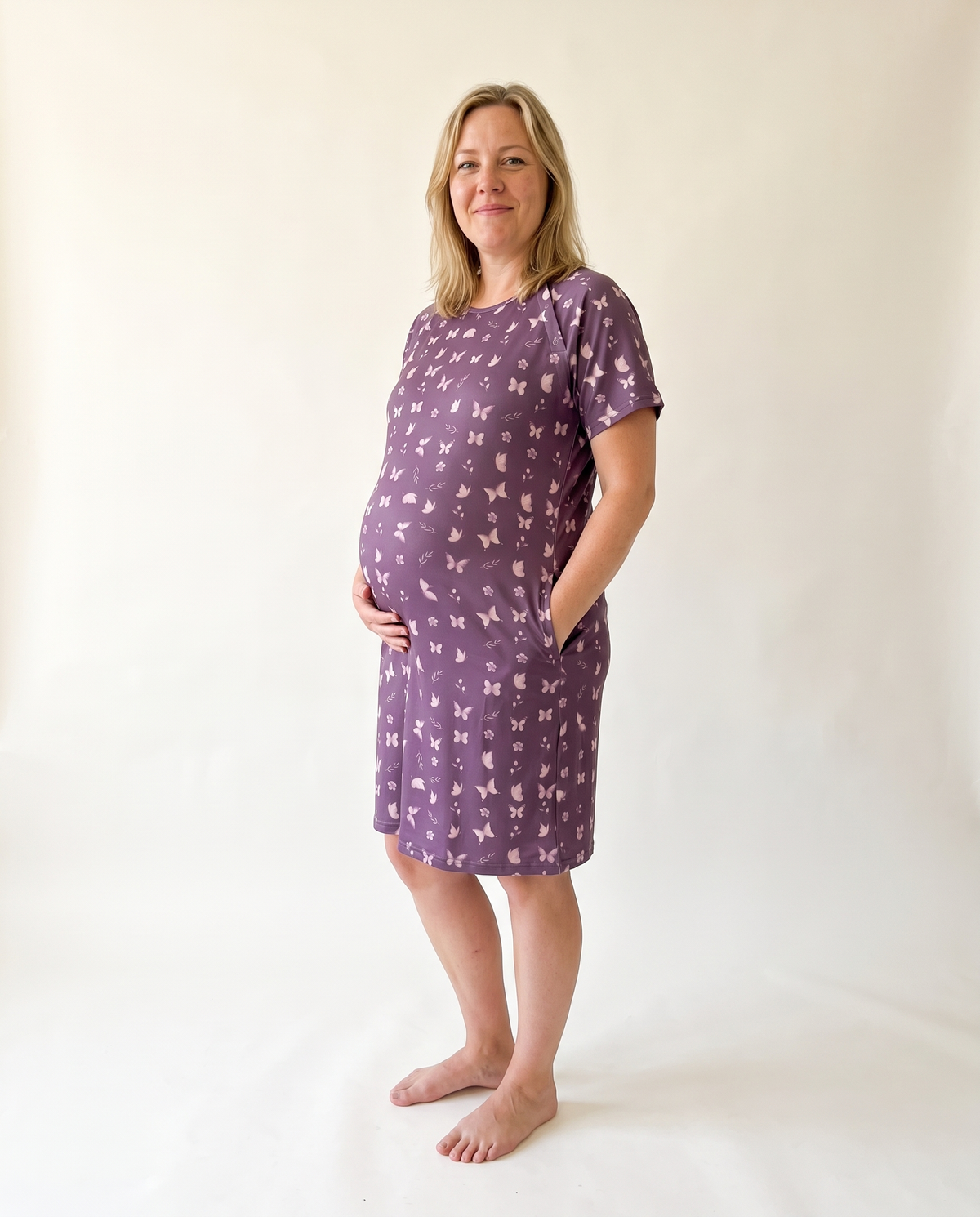 Labor & Delivery Gown in Plum Butterfly — pregnant mom