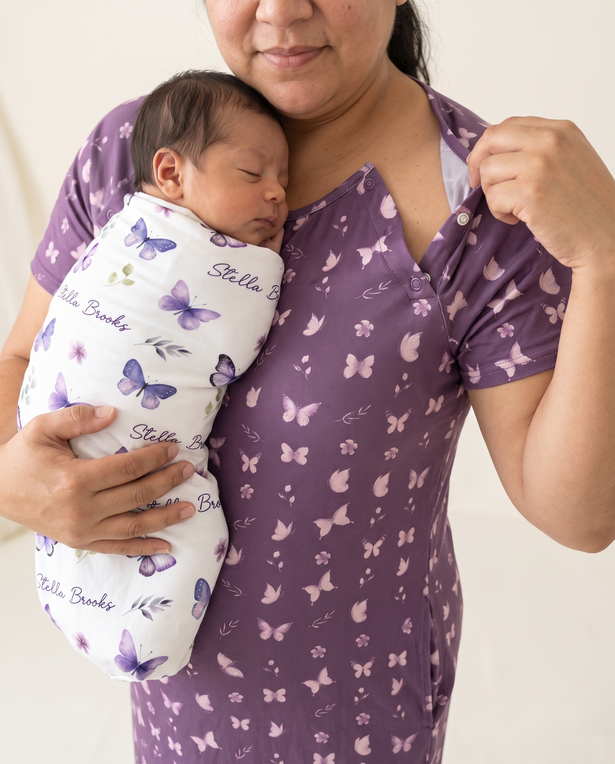 Labor & Delivery Gown in Plum Butterfly — raglan snaps detail