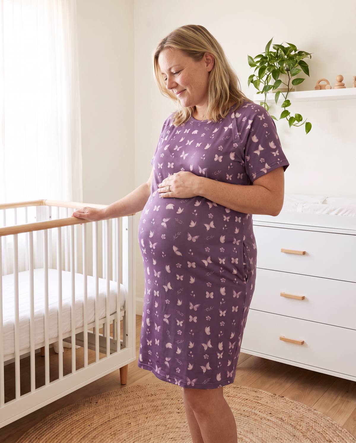 Labor & Delivery Gown in Plum Butterfly — pregnant mom in nursery