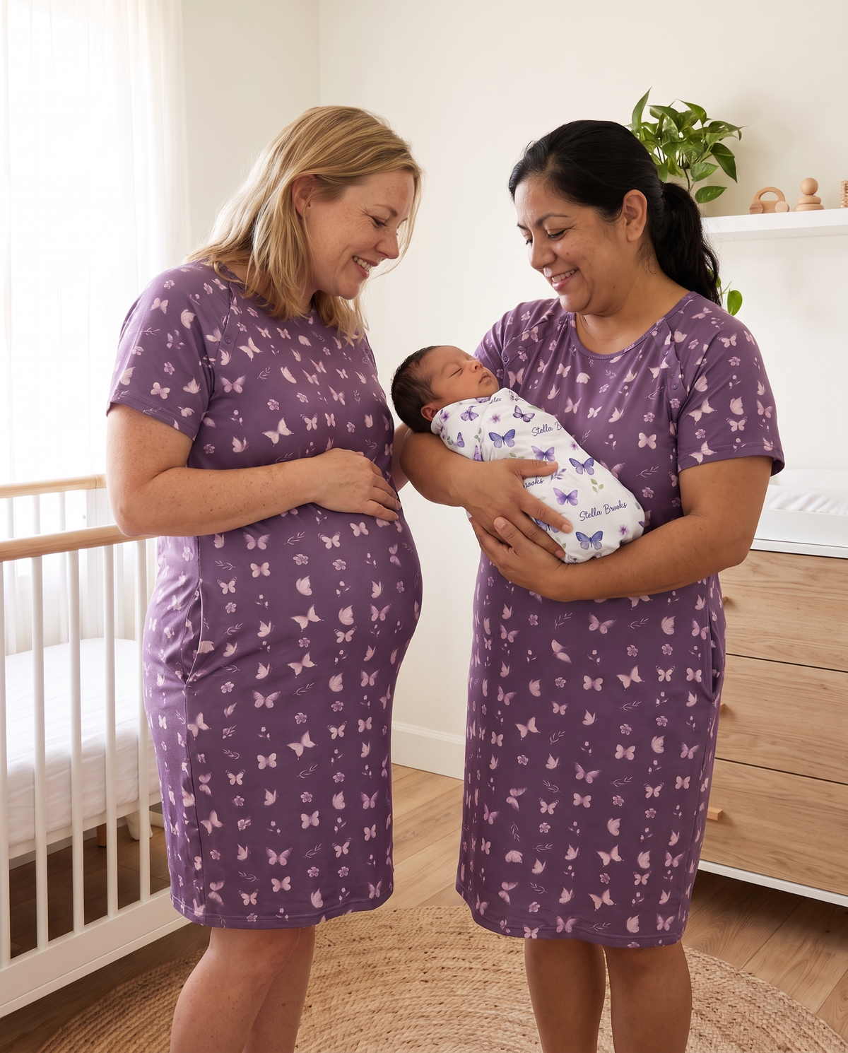 Labor & Delivery Gown in Plum Butterfly — two moms matching