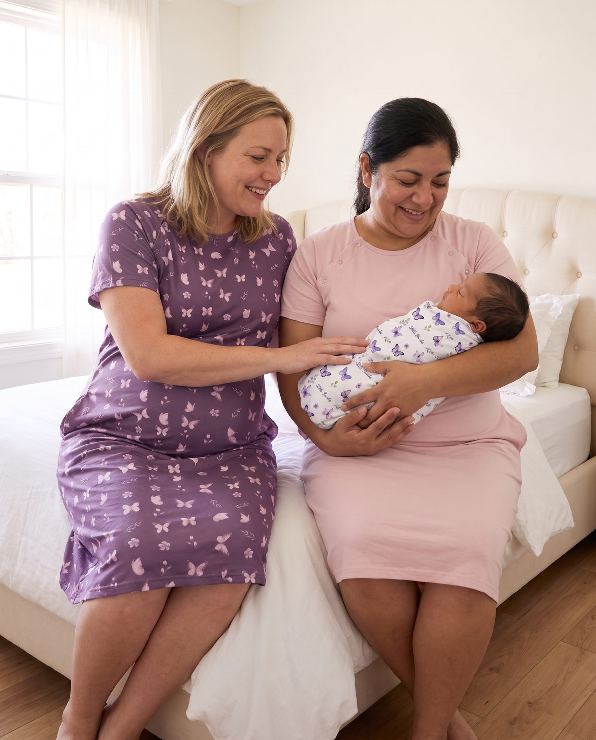Labor & Delivery Gown in Plum Butterfly — two moms in different colors