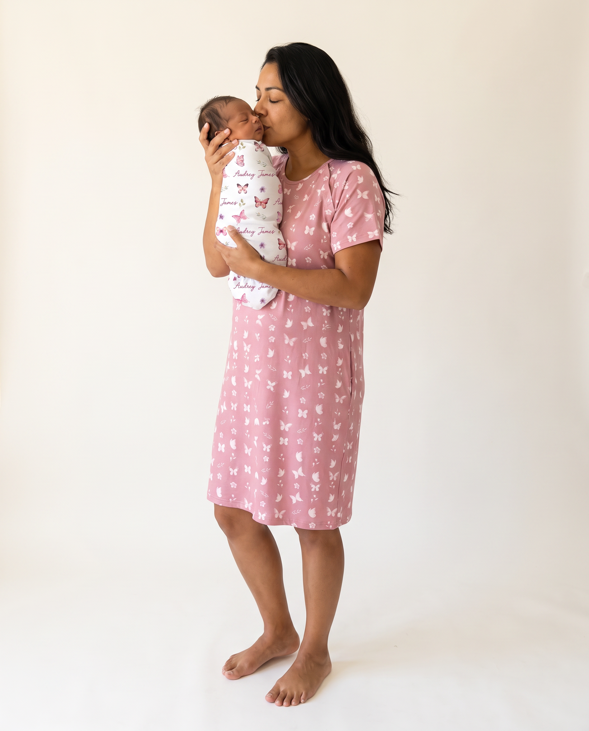 Labor & Delivery Gown in Rosewood Butterfly — mom holding newborn