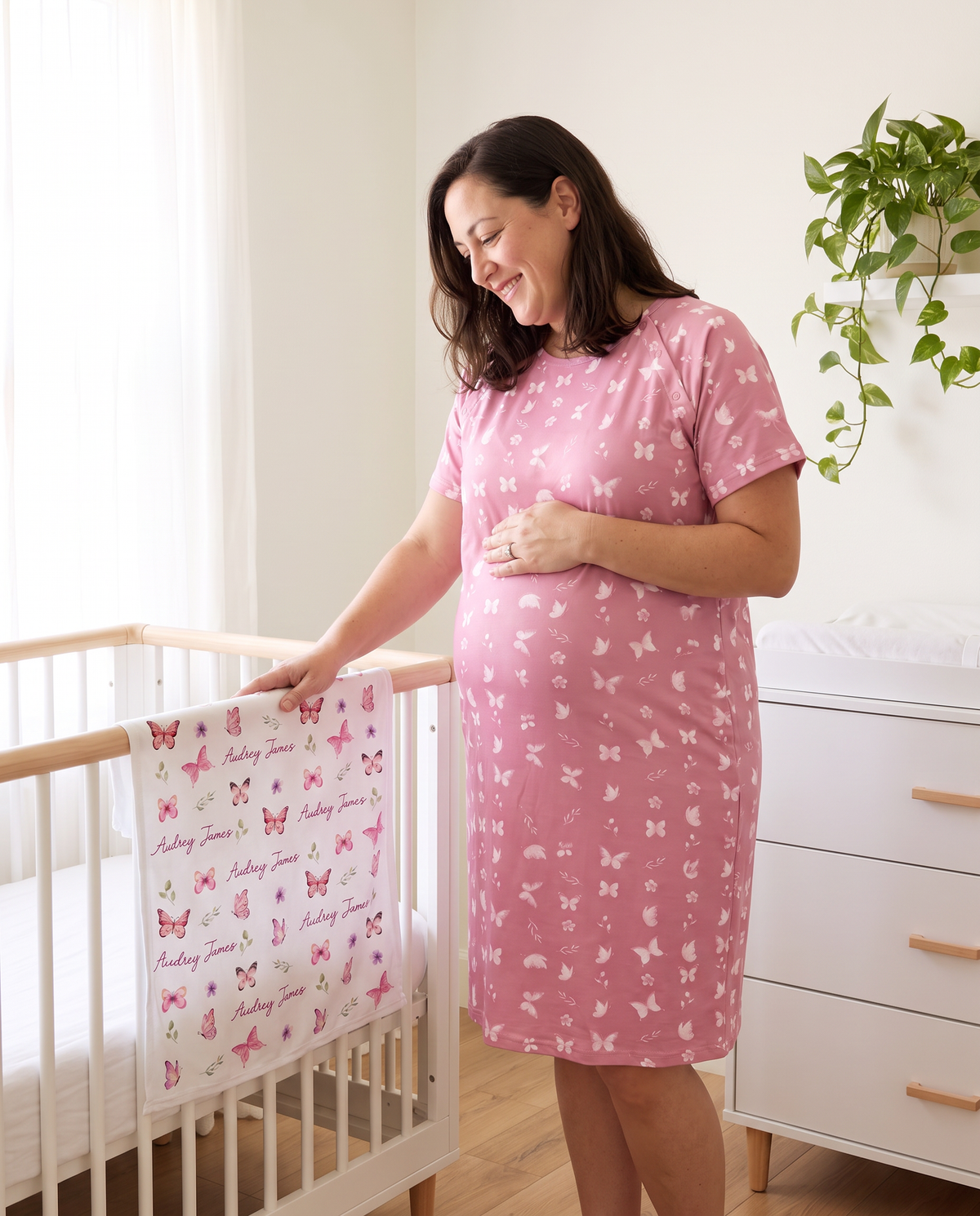 Labor & Delivery Gown in Rosewood Butterfly — pregnant mom in nursery