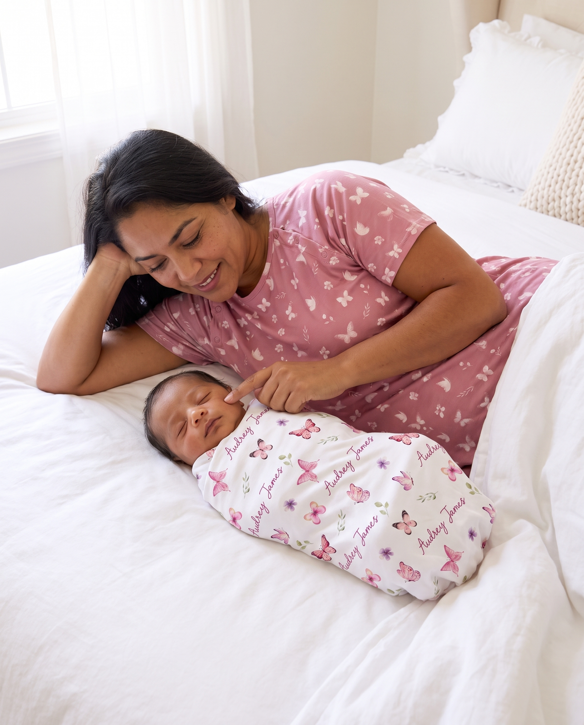 Labor & Delivery Gown in Rosewood Butterfly — mom and newborn on bed