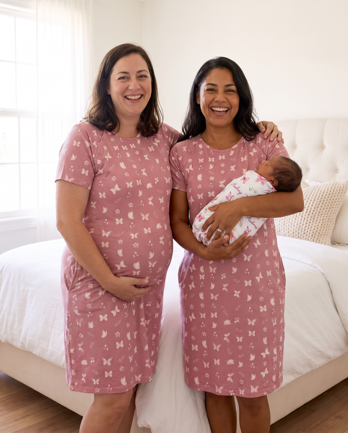Labor & Delivery Gown in Rosewood Butterfly — two moms matching