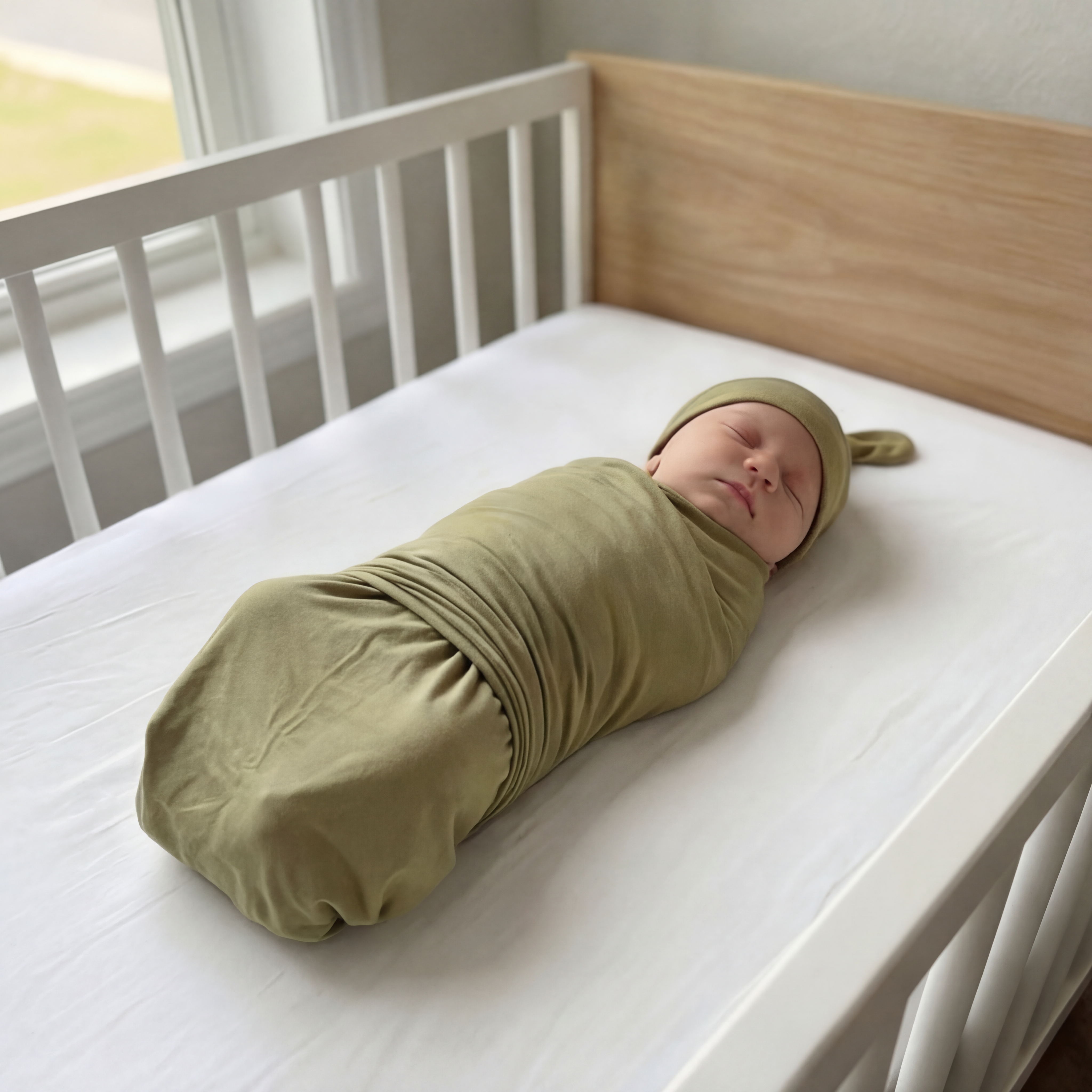 Swaddle with Hat Set in Light Olive