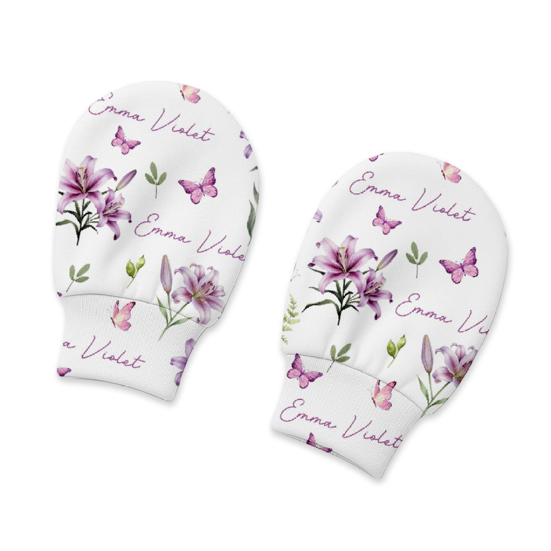 Personalized Mittens in Purple Lilys