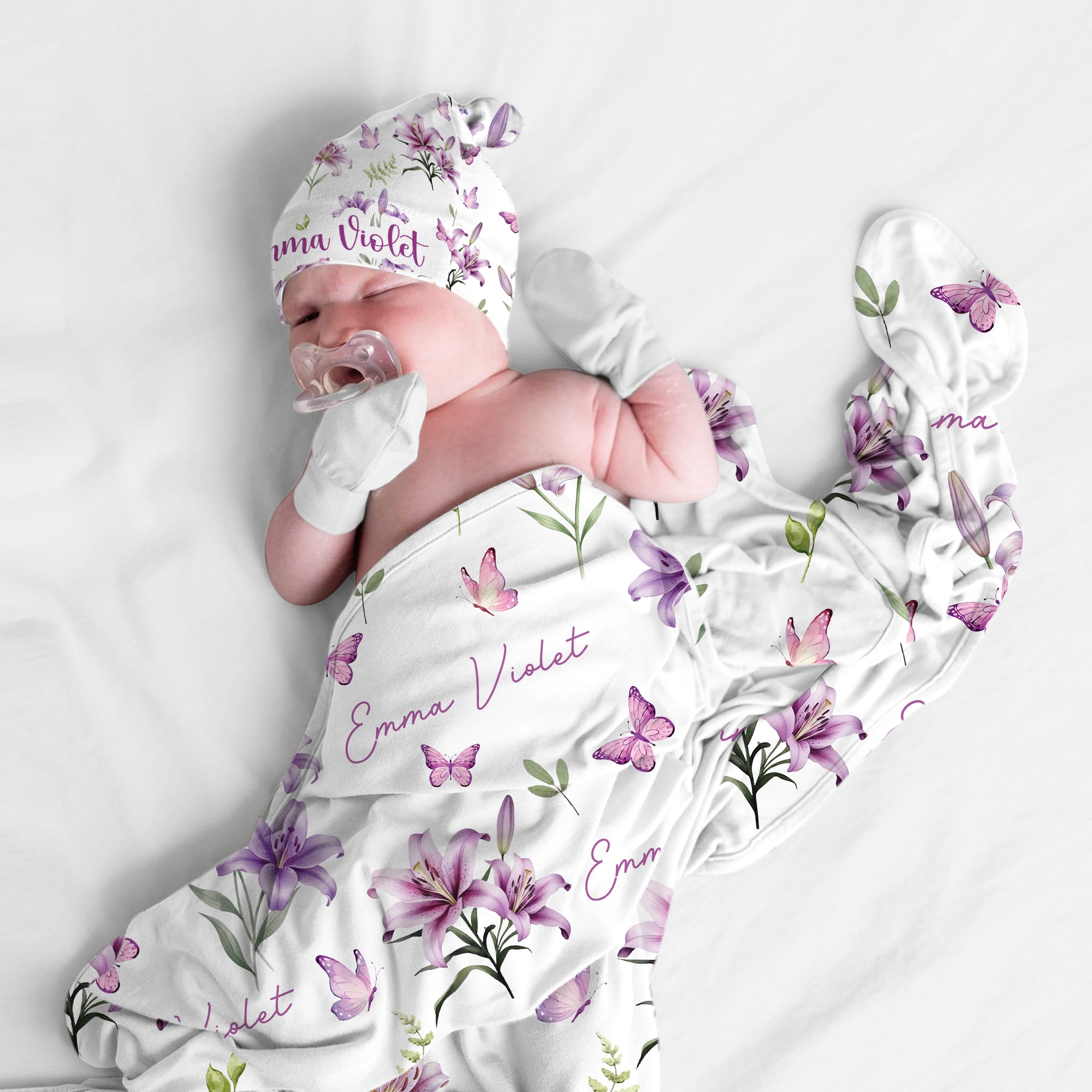 Personalized Knotted Hat in Purple Lilys