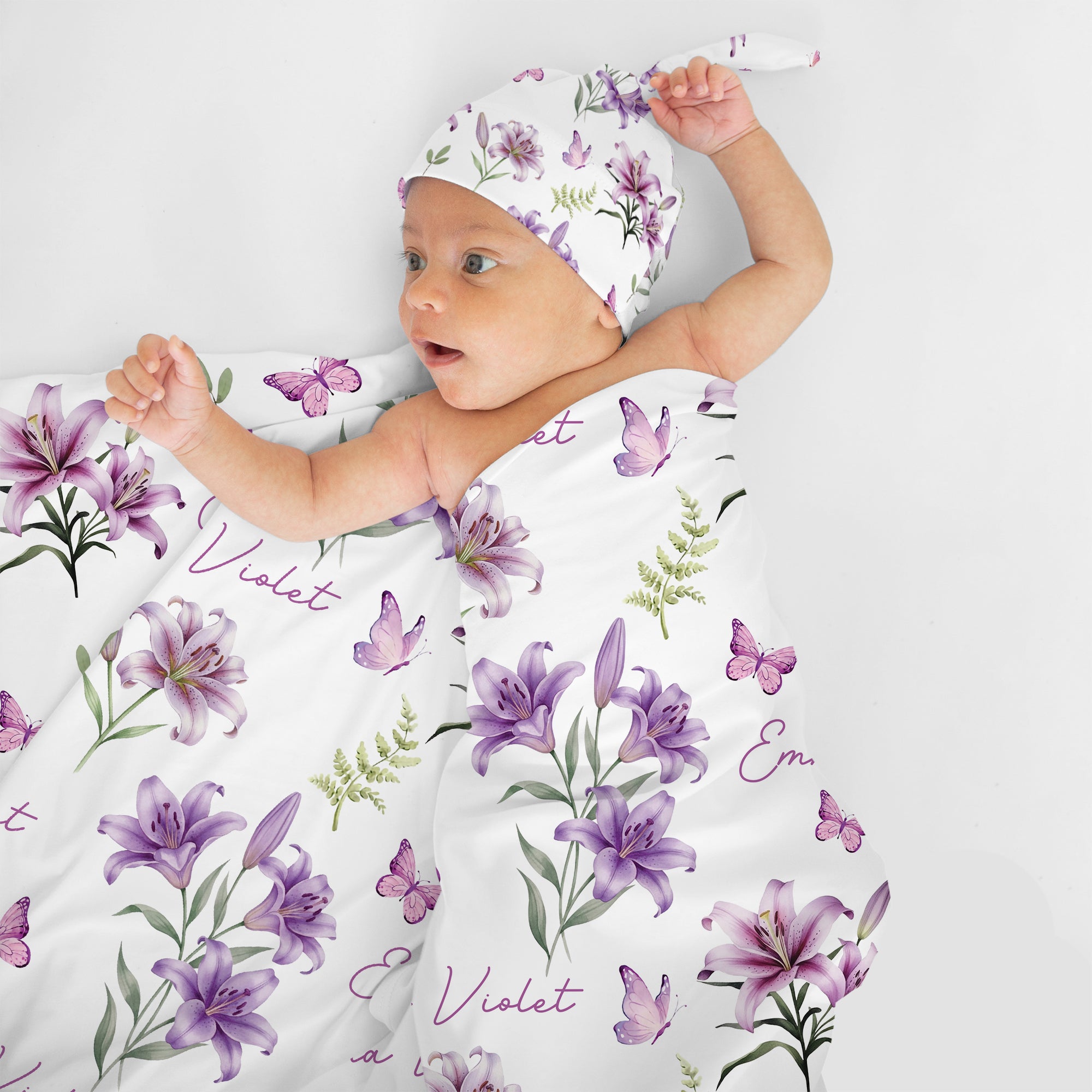 Personalized Knotted Hat in Purple Lilys