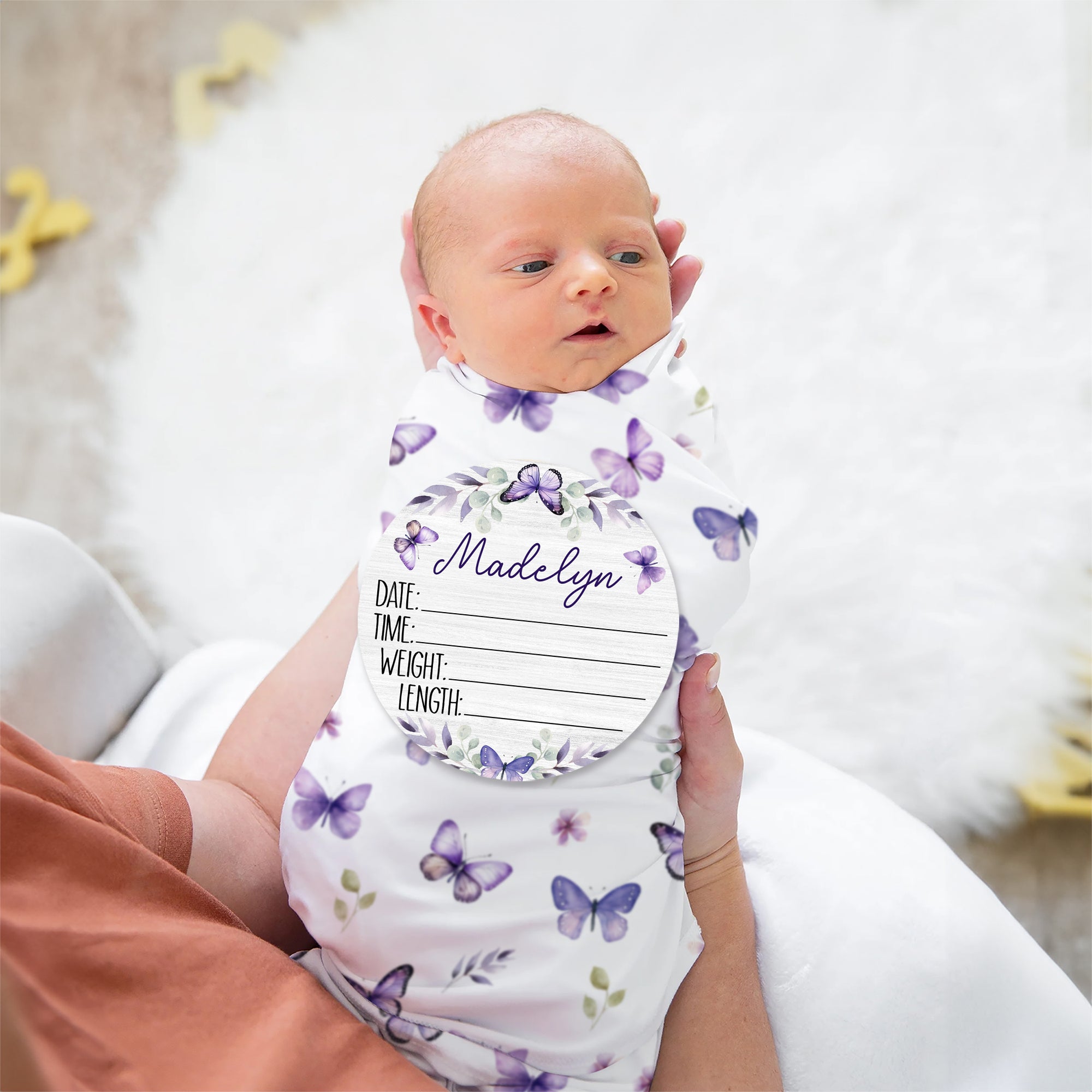 Birth Stats Sign in Purple Butterfly
