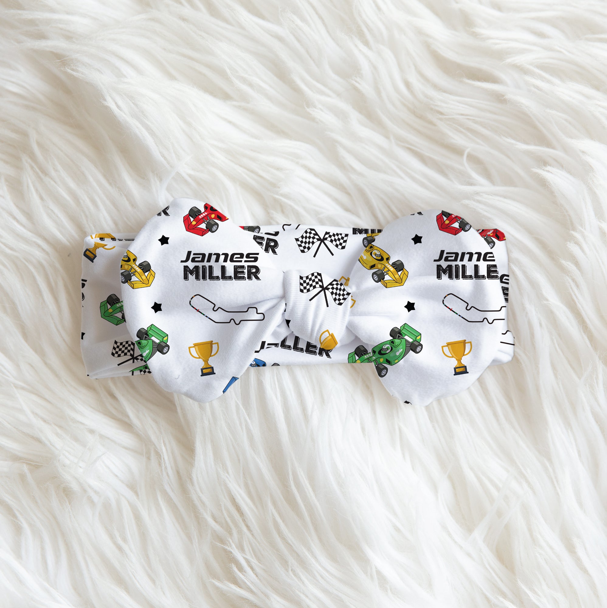 Personalized Bow Headband in Pit Crew