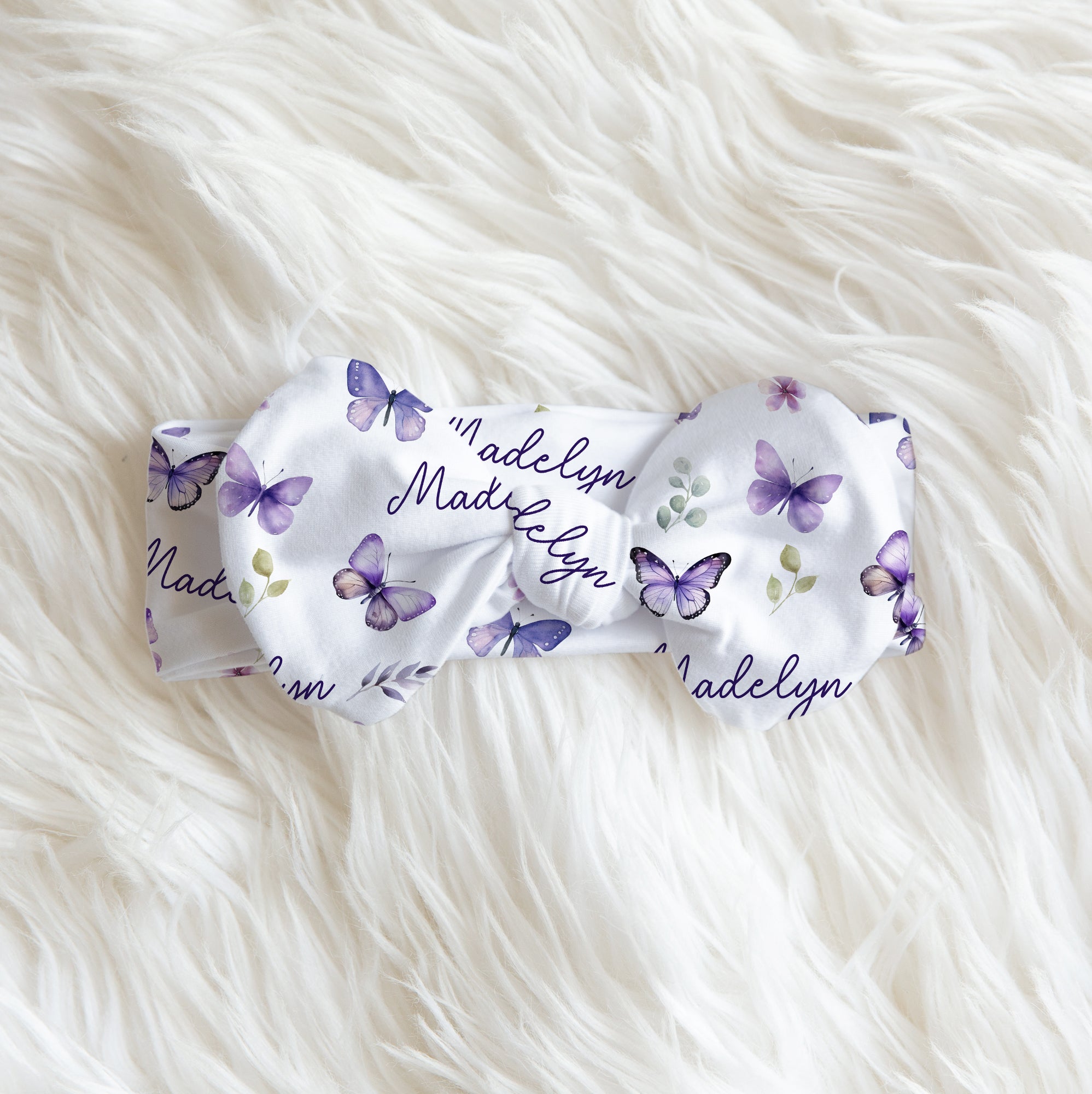 Personalized Bow Headband in Purple Butterfly
