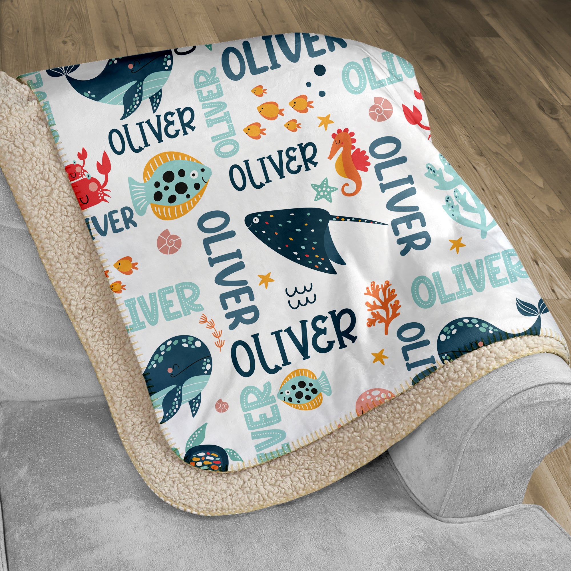 Personalized Sherpa Blanket in Ocean Animals