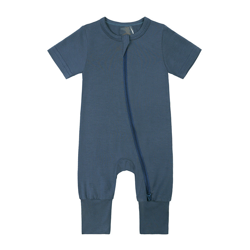 Short Sleeves Zip Romper in Slate Blue