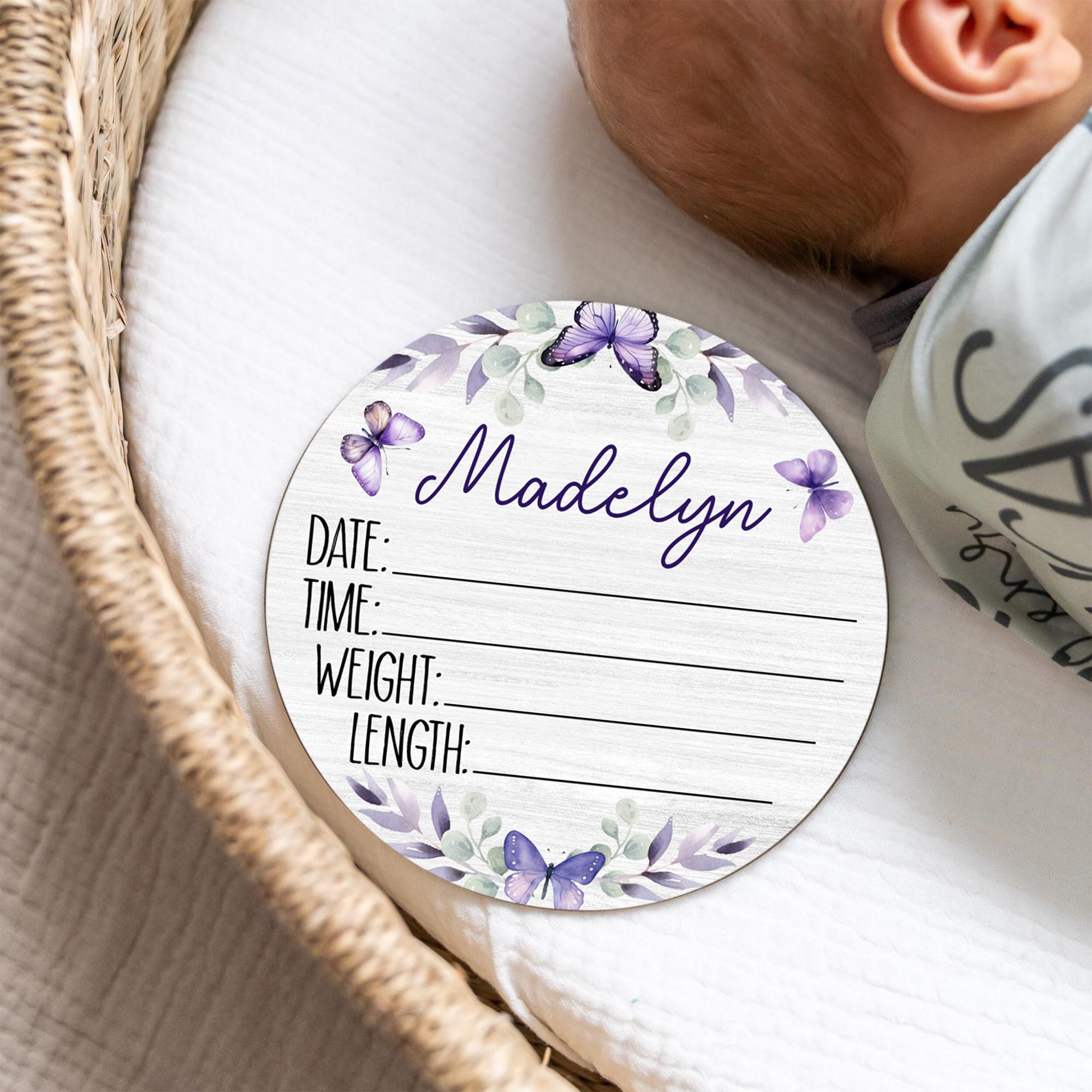 Birth Stats Sign in Purple Butterfly
