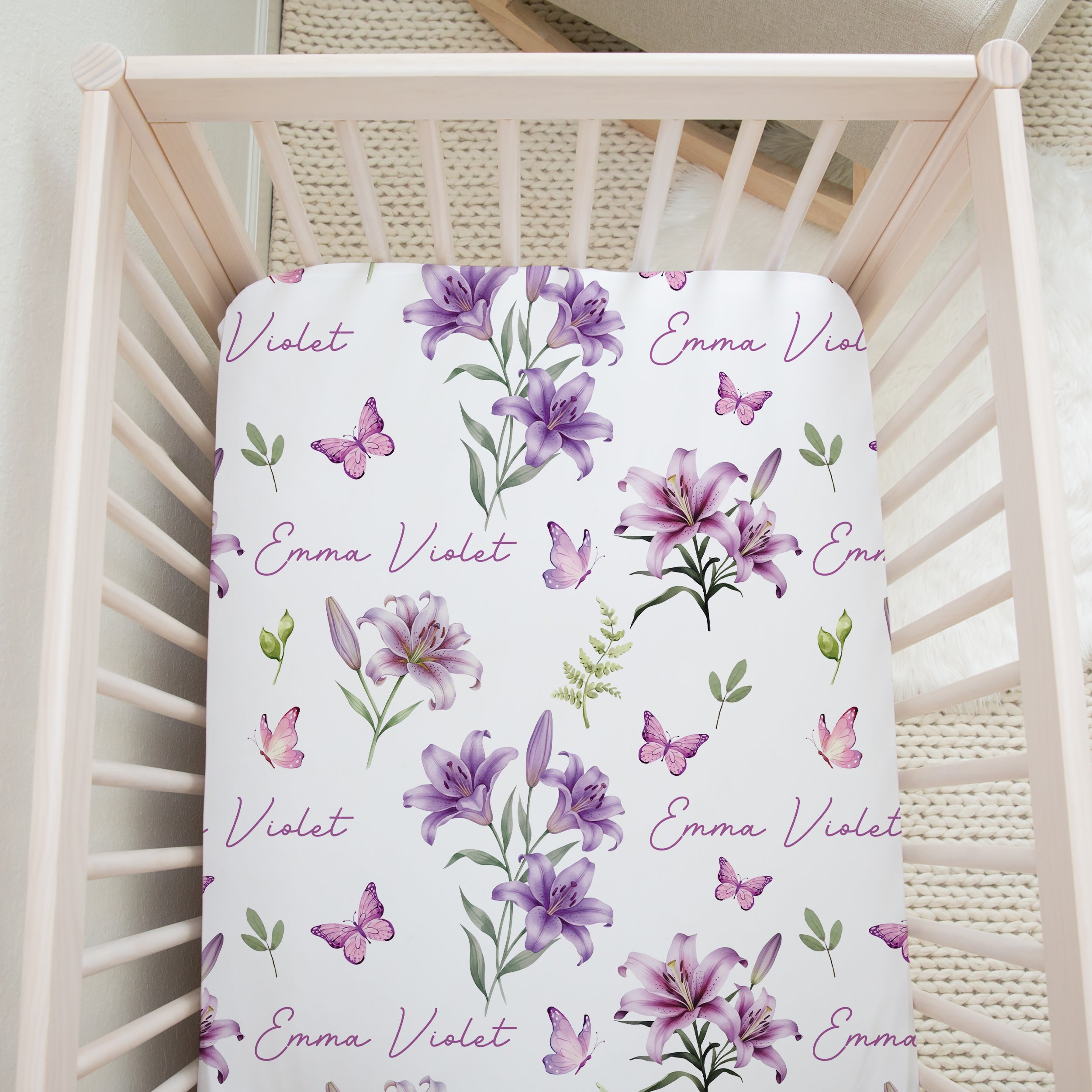 Personalized Crib Sheet in Purple Lilys