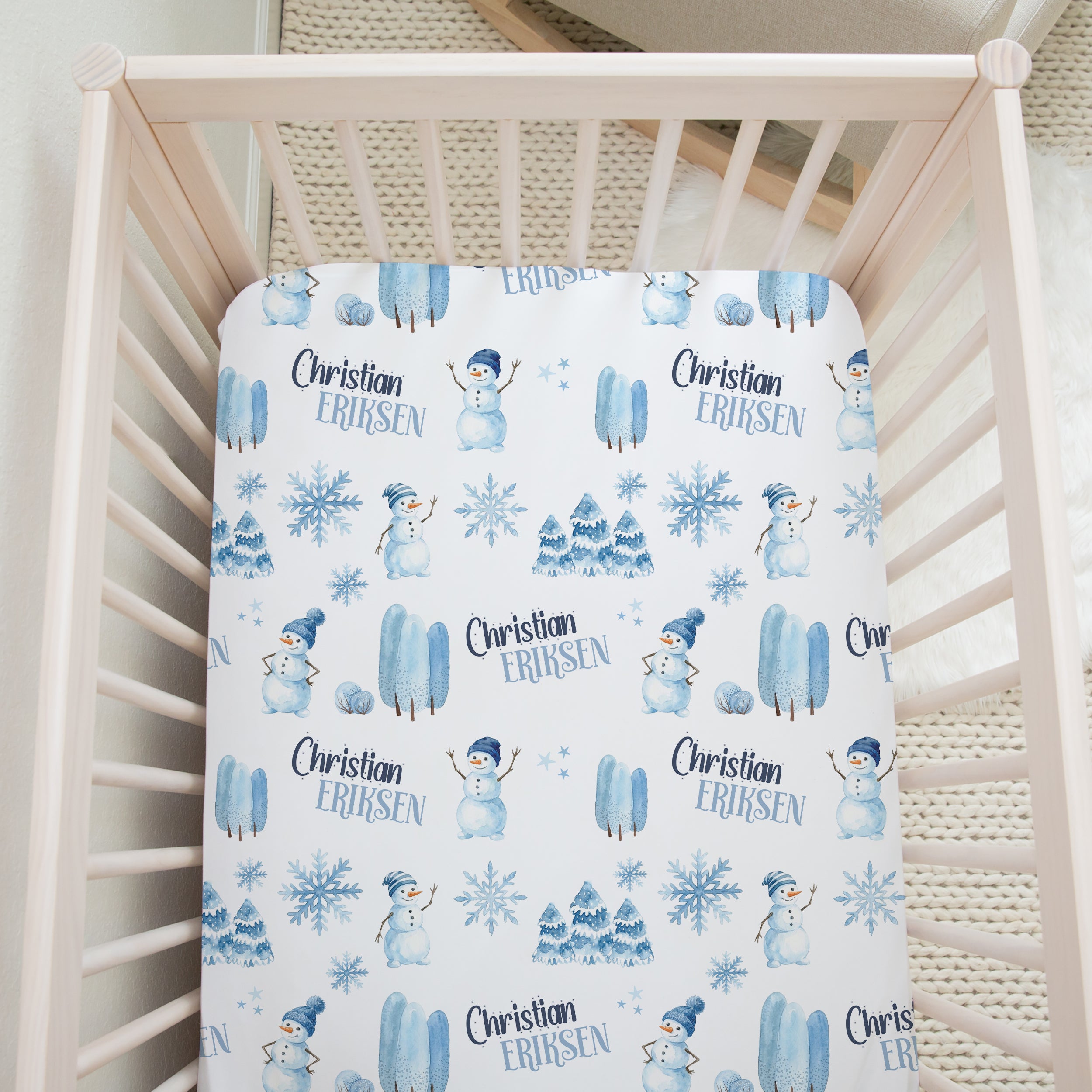 Personalized Crib Sheet in Snowman