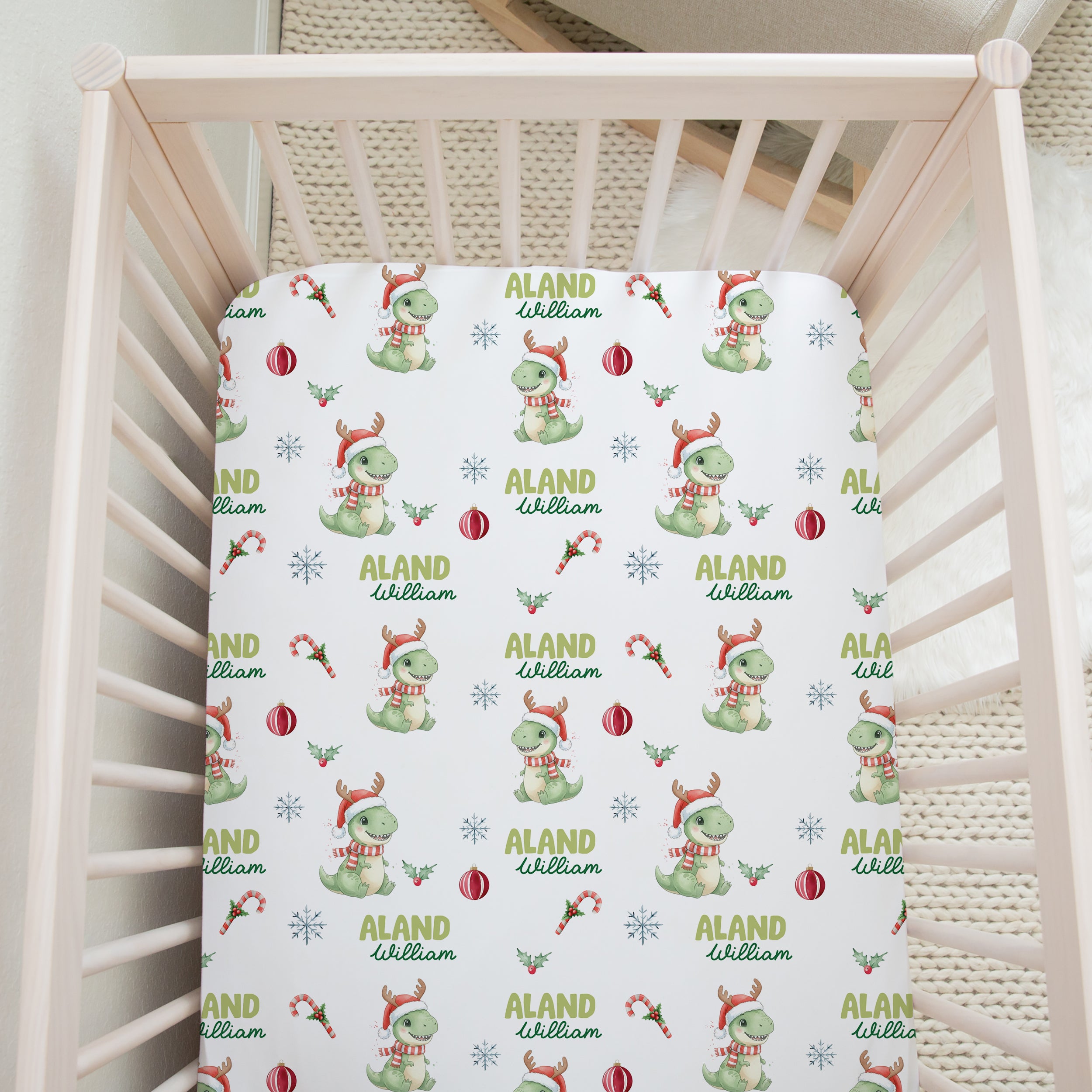 Dinosaur's Christmas Personalized Crib Sheet