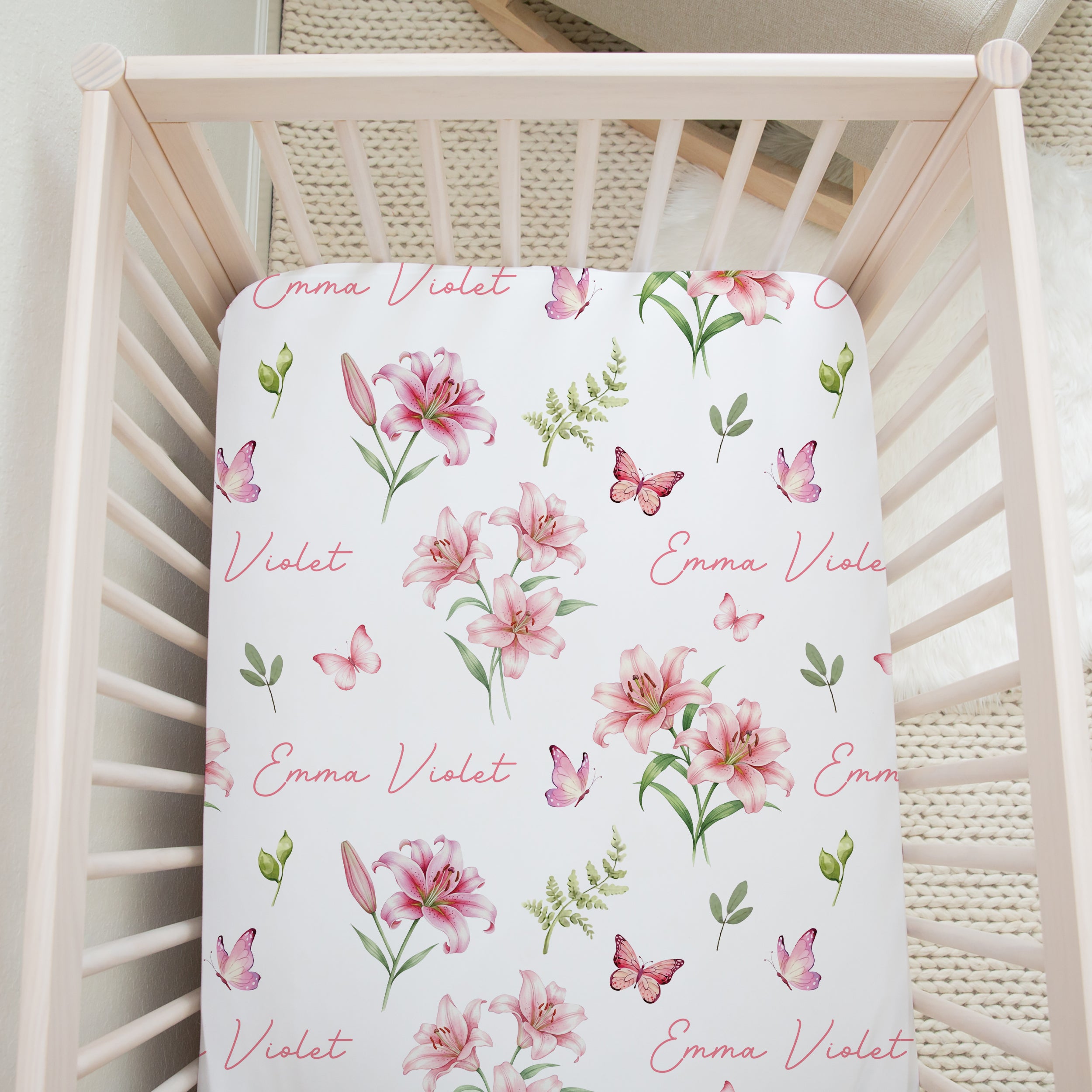 Personalized Crib Sheet in Pink Lilys