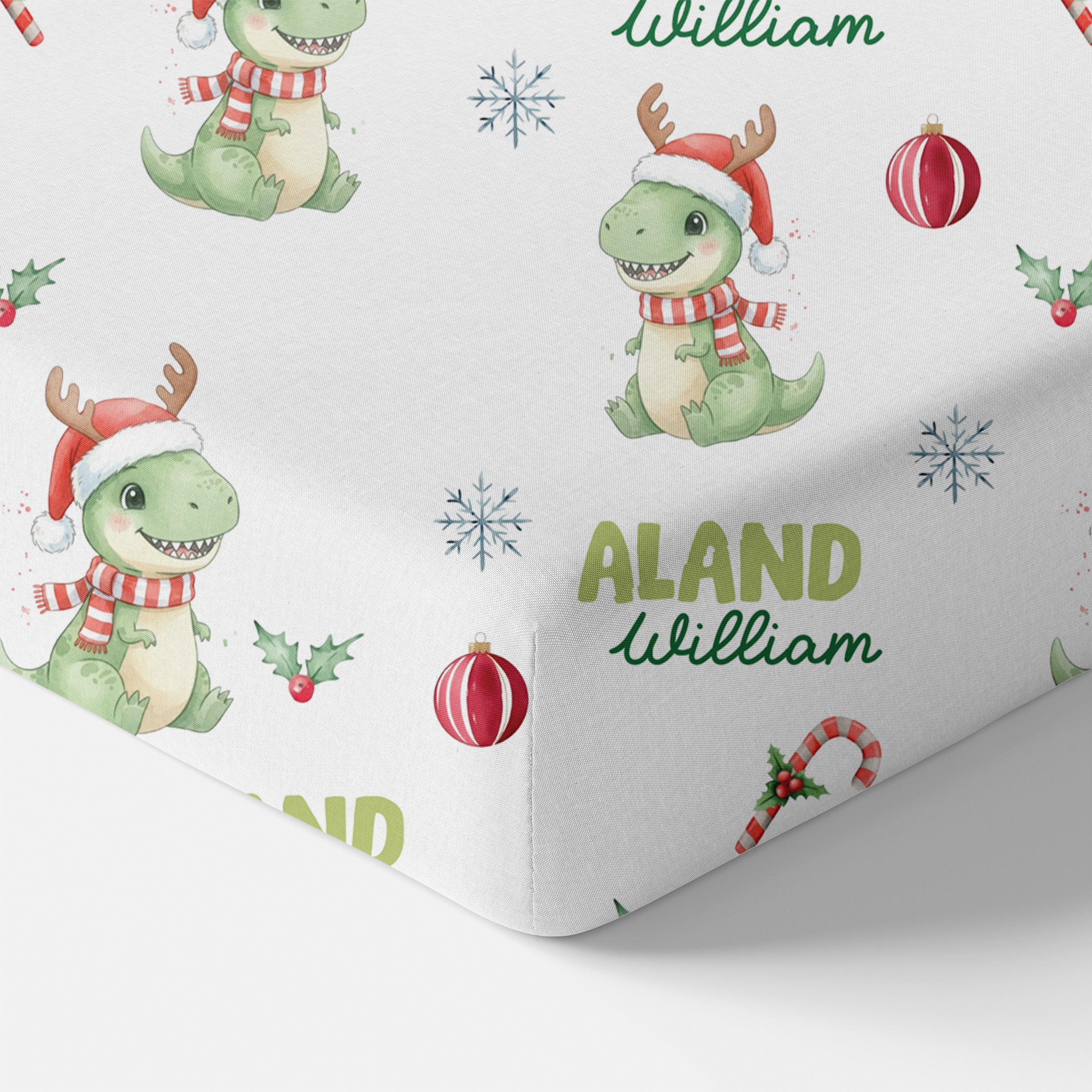Personalized Crib Sheet in Dinosaur's Christmas