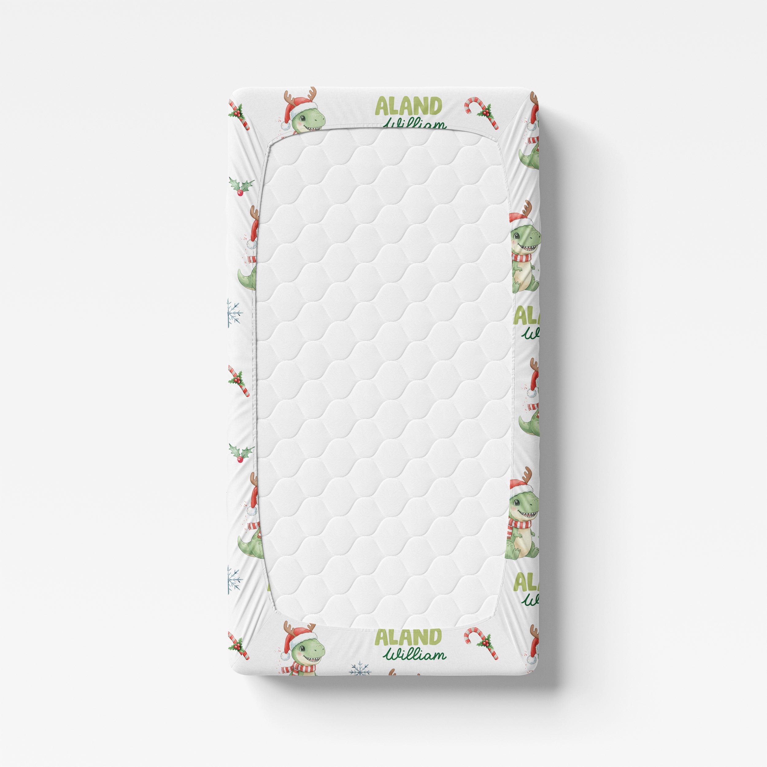 Personalized Crib Sheet in Dinosaur's Christmas