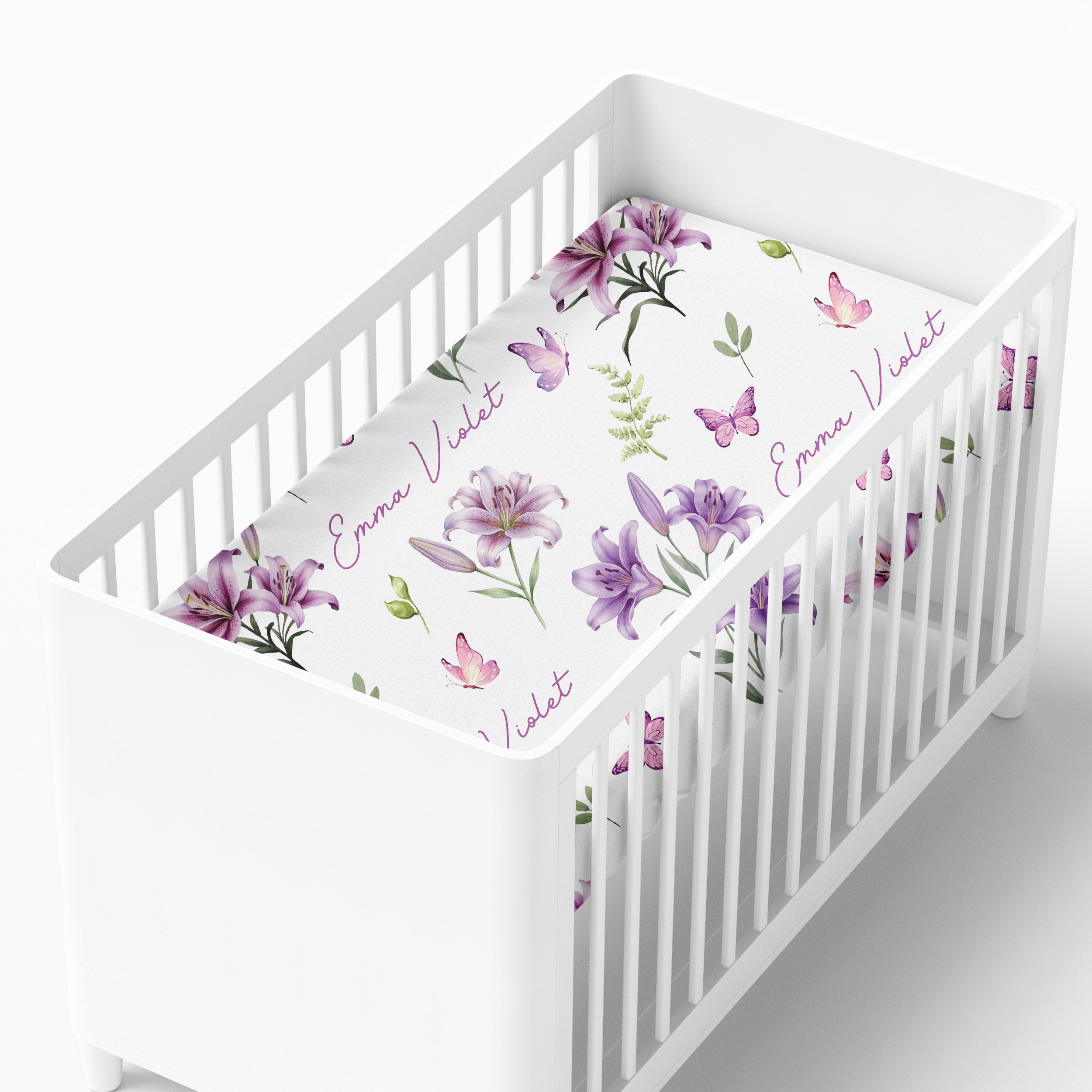 Personalized Crib Sheet in Purple Lilys