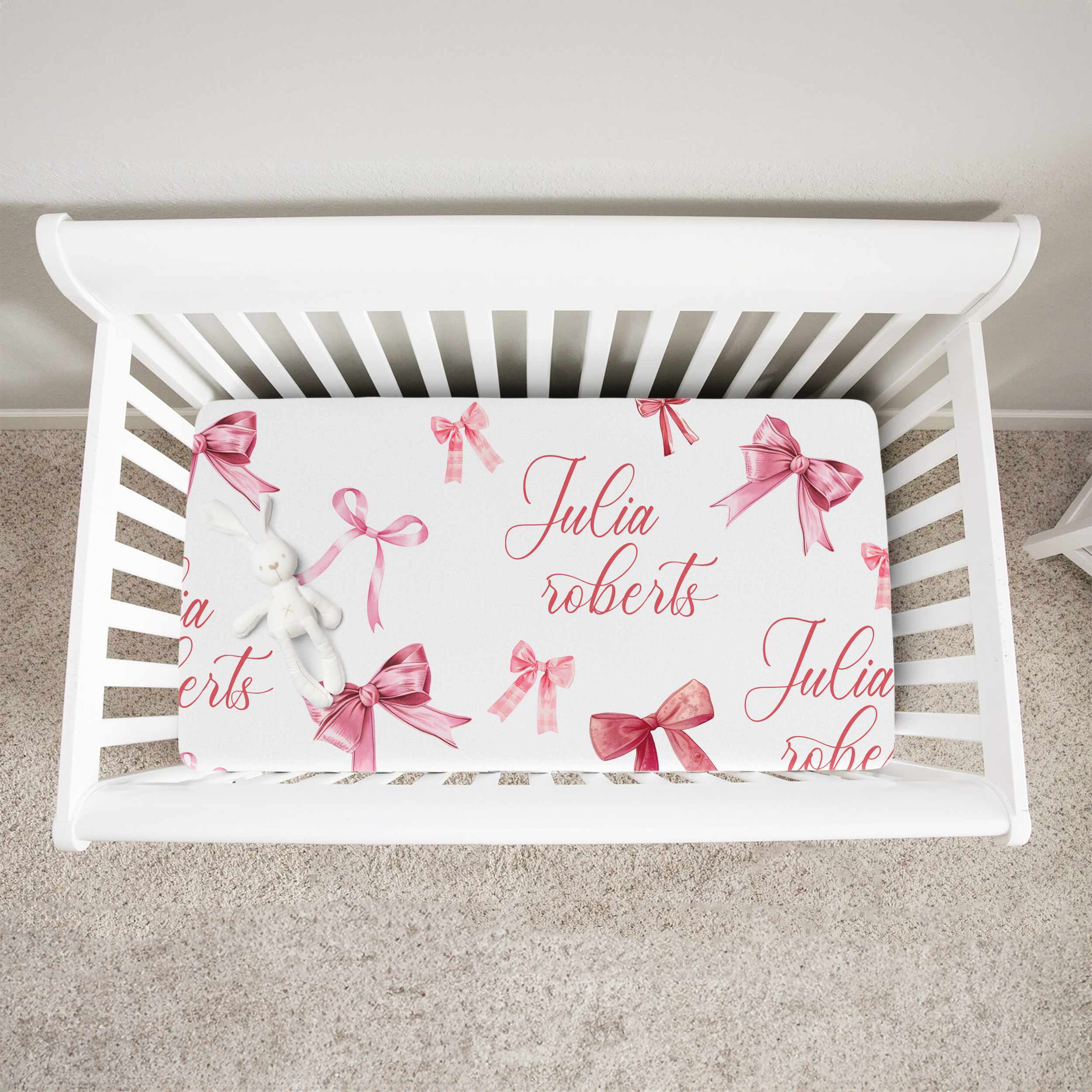 Personalized Crib Sheet in White Coquette Bow