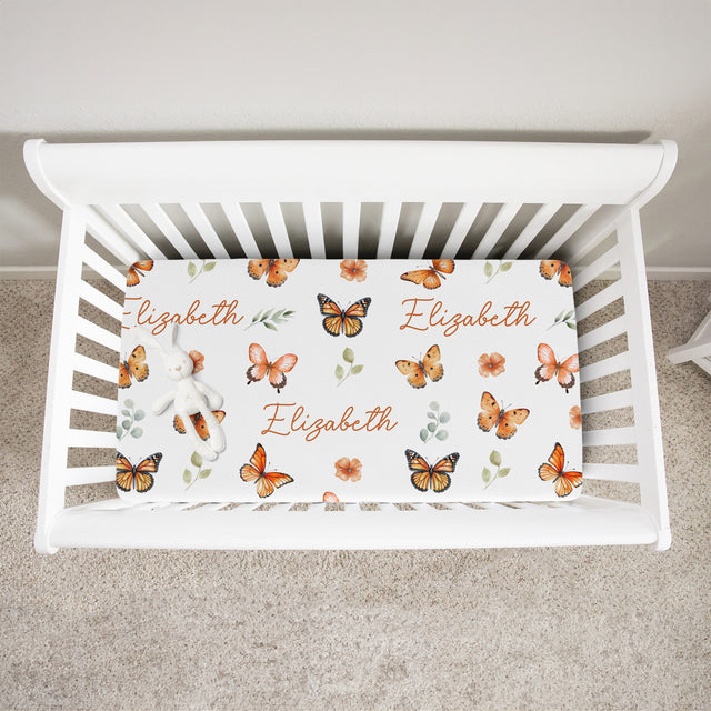 Personalized Crib Sheet in Orange Butterfly