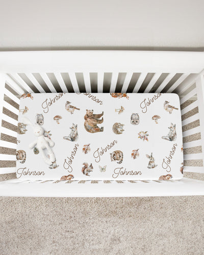 Personalized Crib Sheet in Woodland Animals