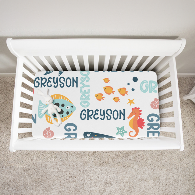 Personalized Crib Sheet in Ocean Animals