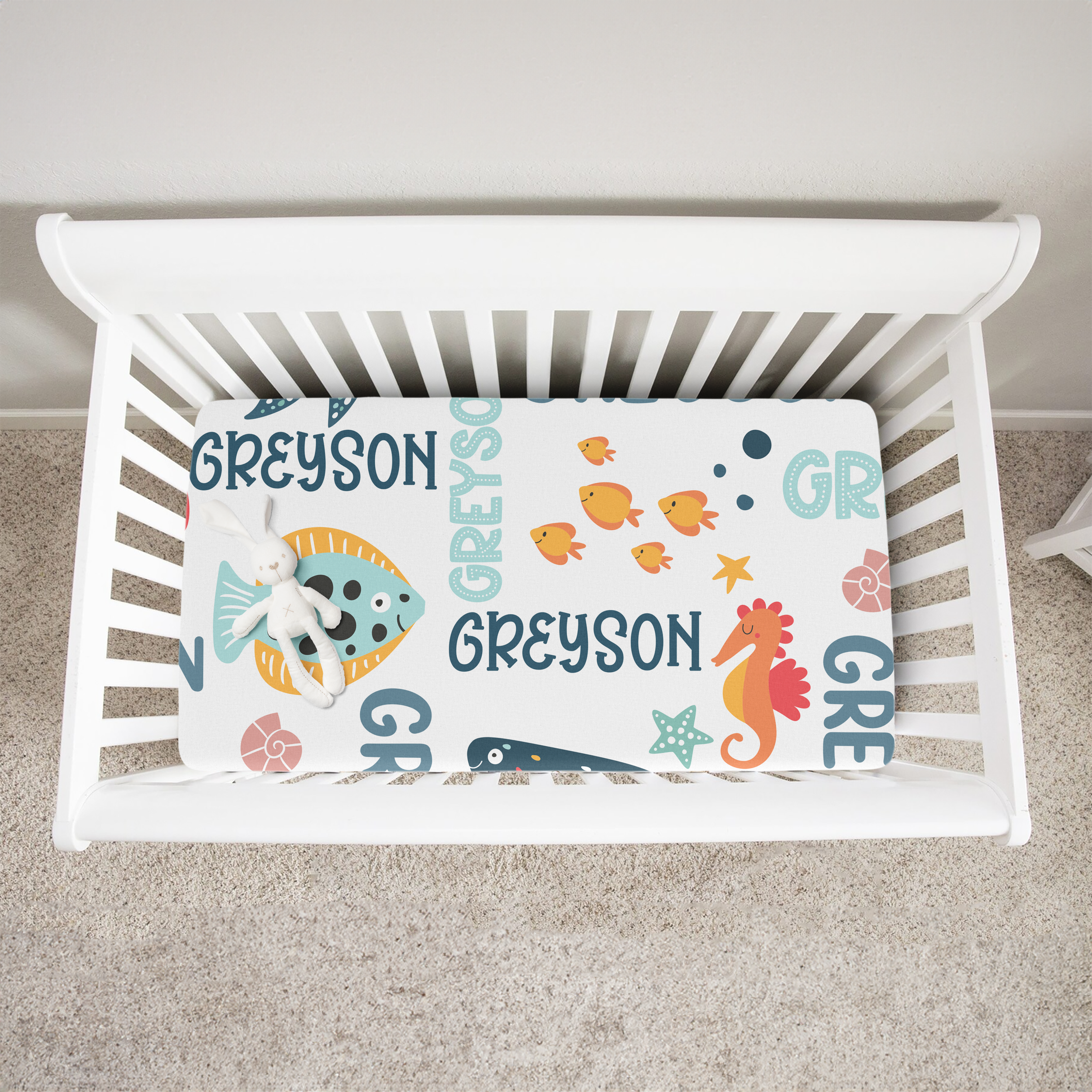 Personalized Crib Sheet in Ocean Animals