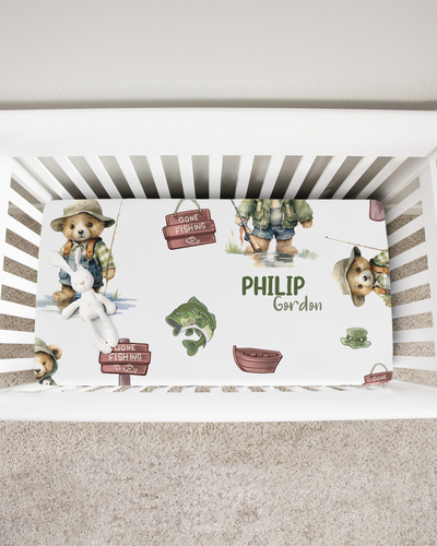 Personalized Crib Sheet in Bear Fishing