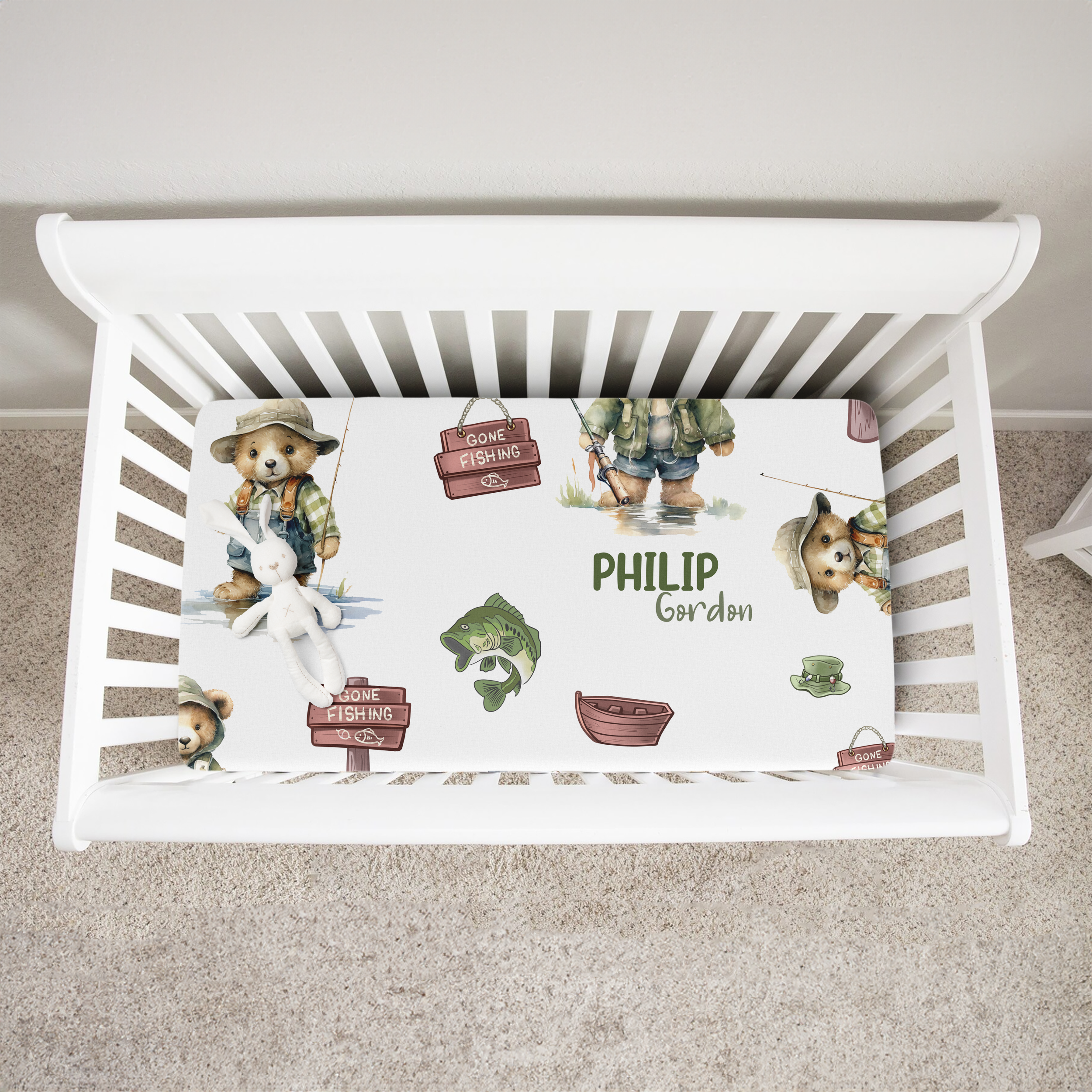 Personalized Crib Sheet in Bear Fishing