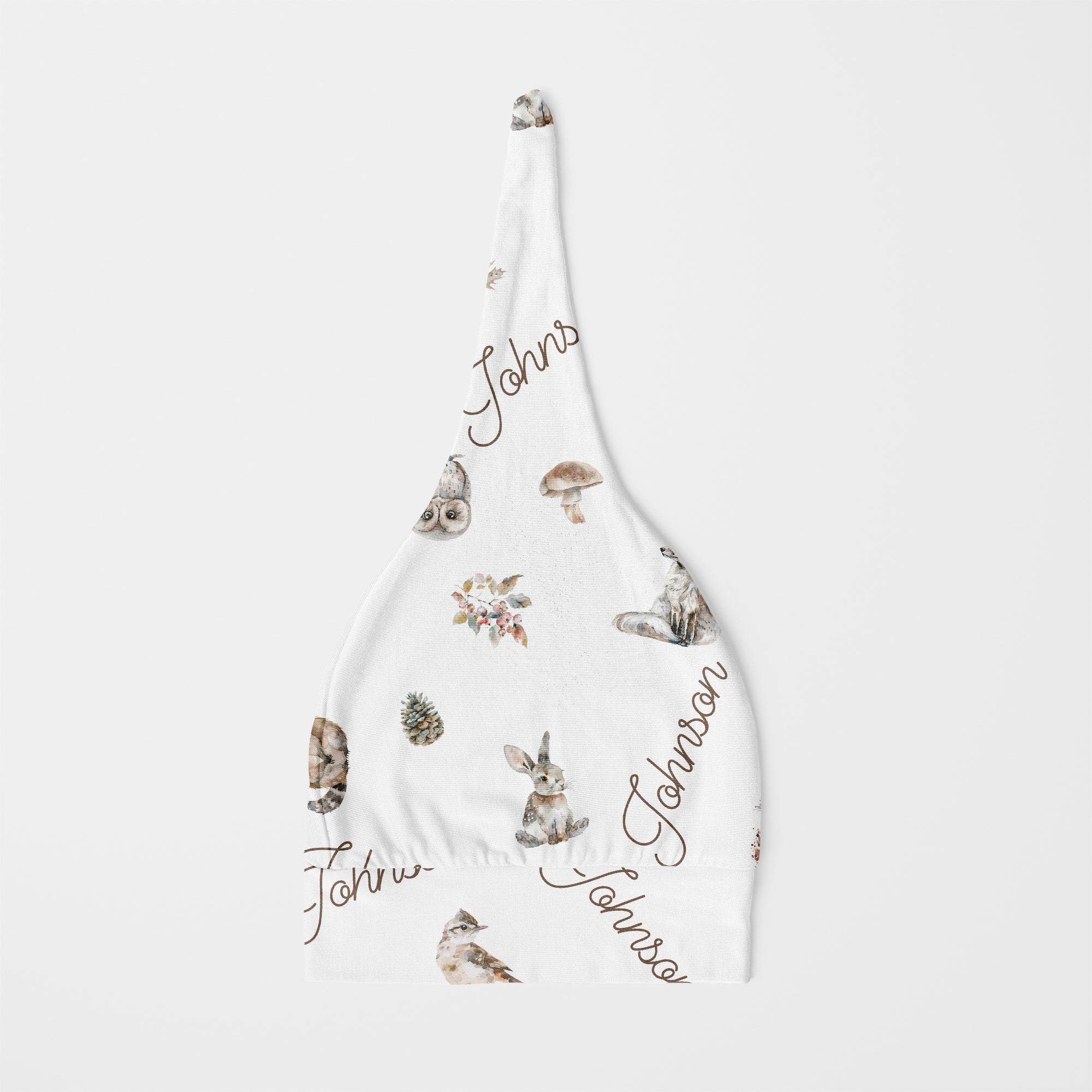 Personalized Knotted Hat in Woodland Animals