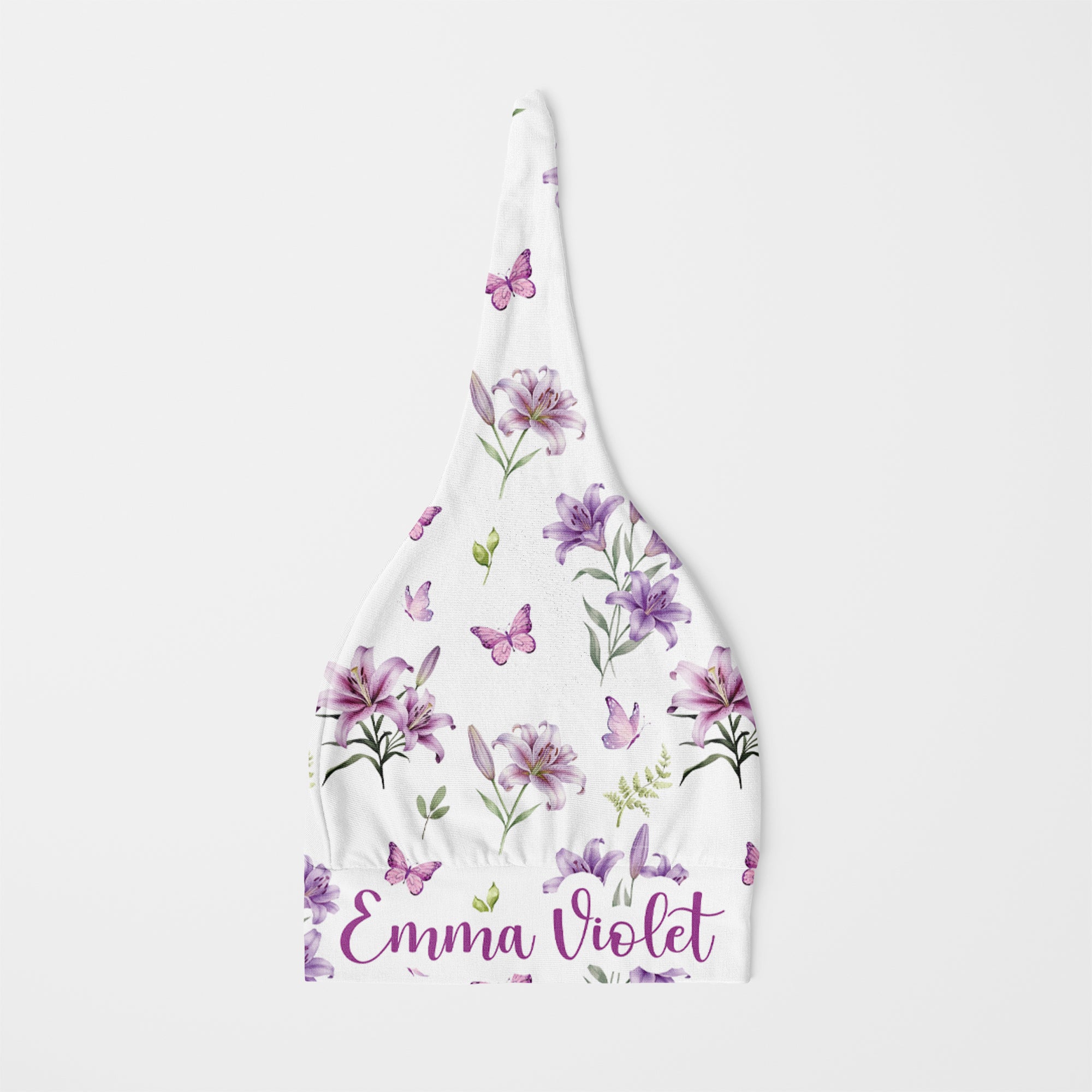 Personalized Knotted Hat in Purple Lilys