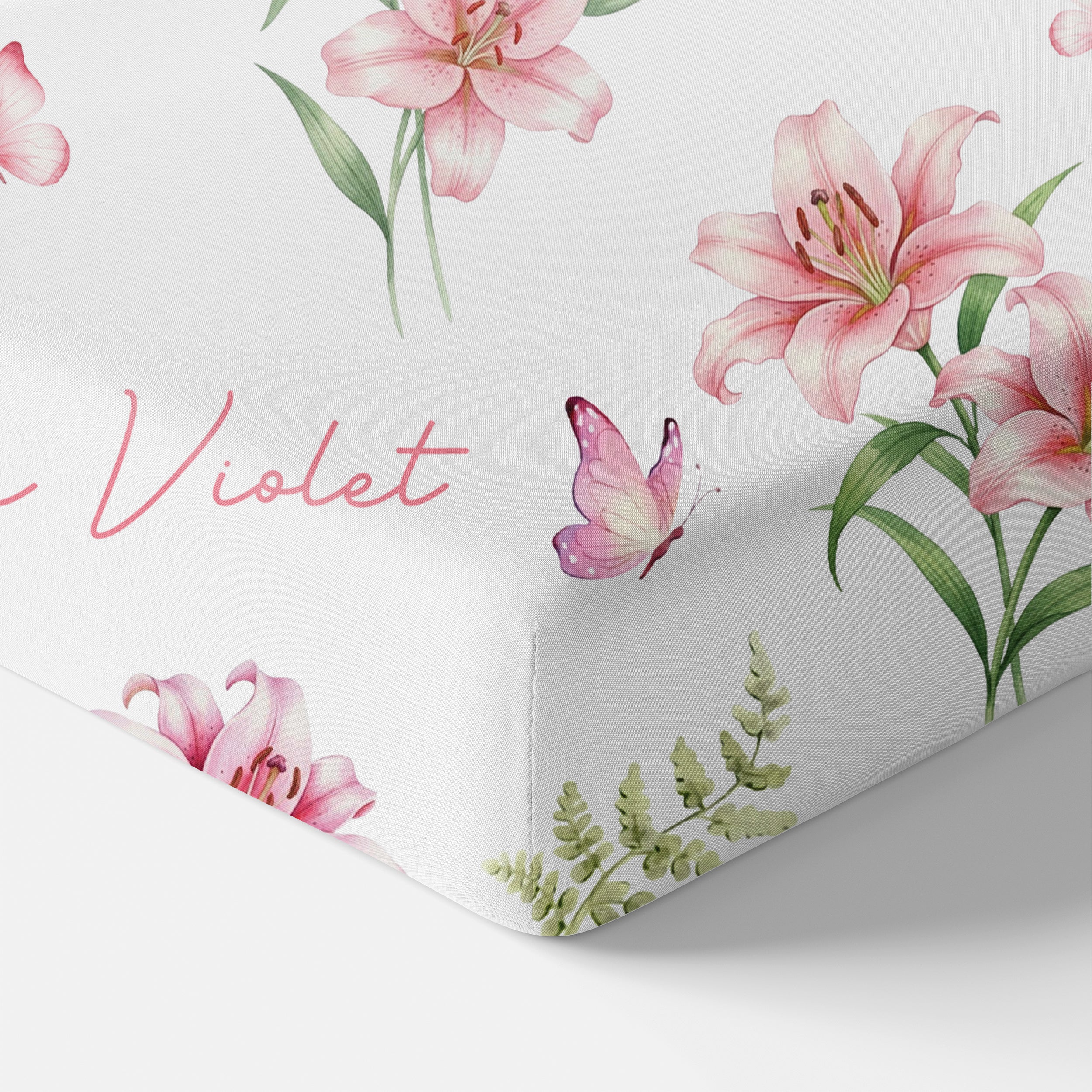 Personalized Crib Sheet in Pink Lilys