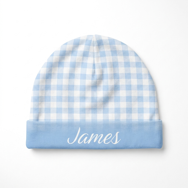 Personalized Beanie in Baby Blue Gingham