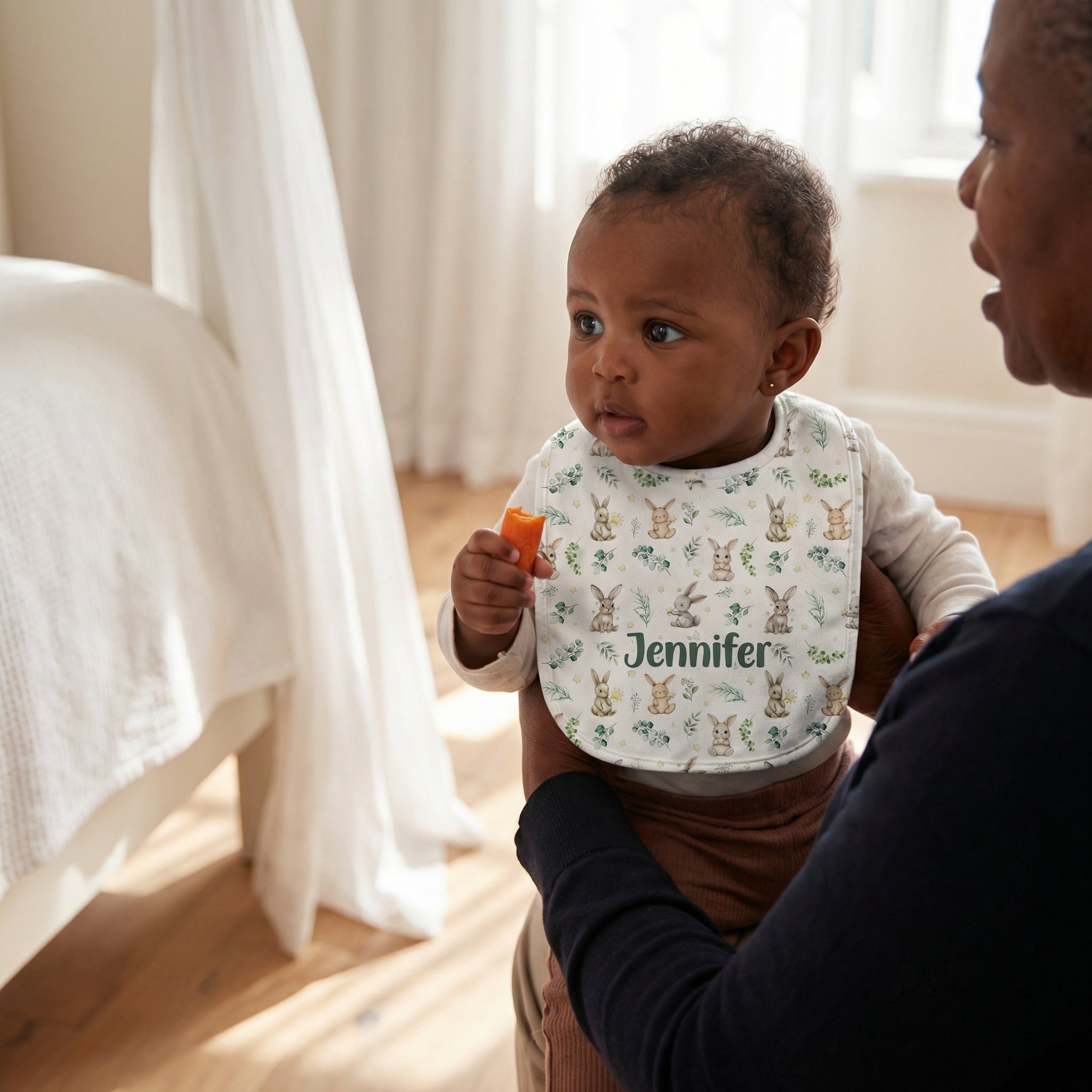 Personalized Bib and Burp Cloths in Bunny Garden