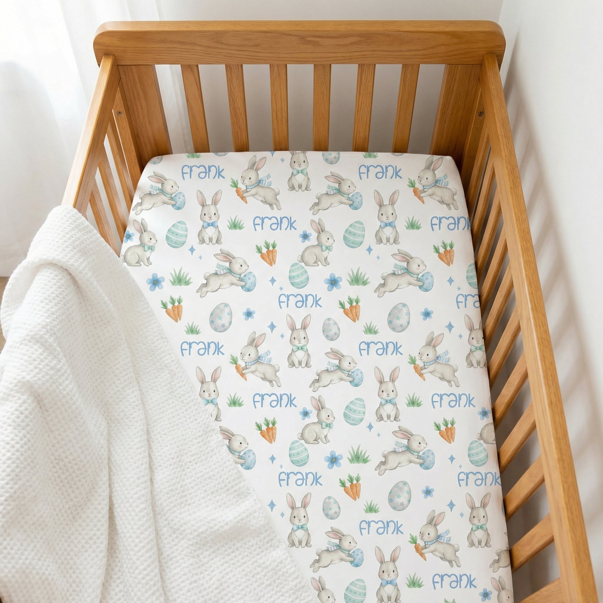 Personalized Crib Sheet in Blue Easter Eggs
