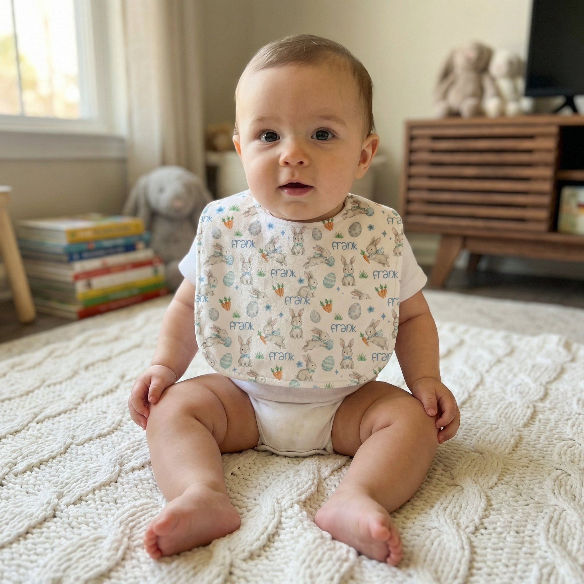 Personalized Bib and Burp Cloths in Blue Easter Eggs