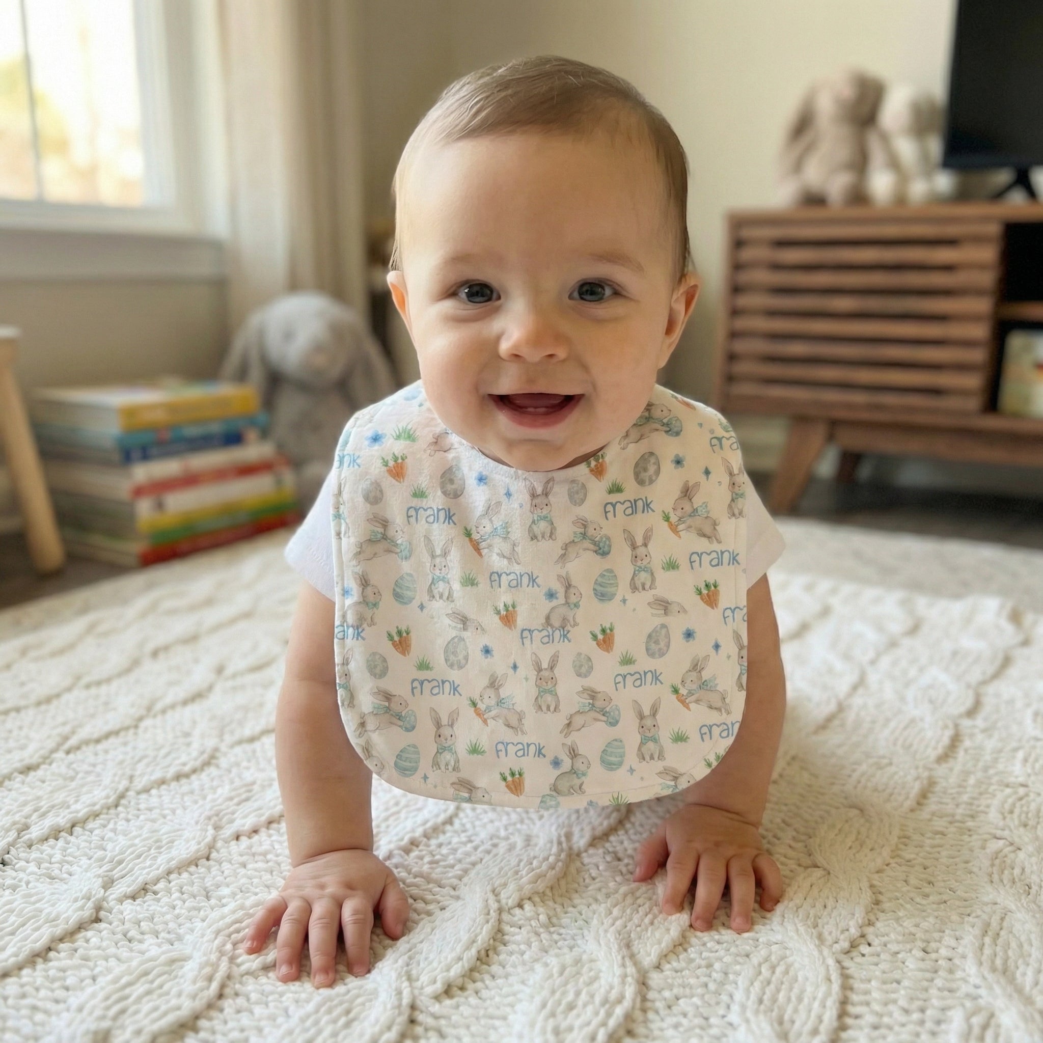 Personalized Bib and Burp Cloths in Blue Easter Eggs