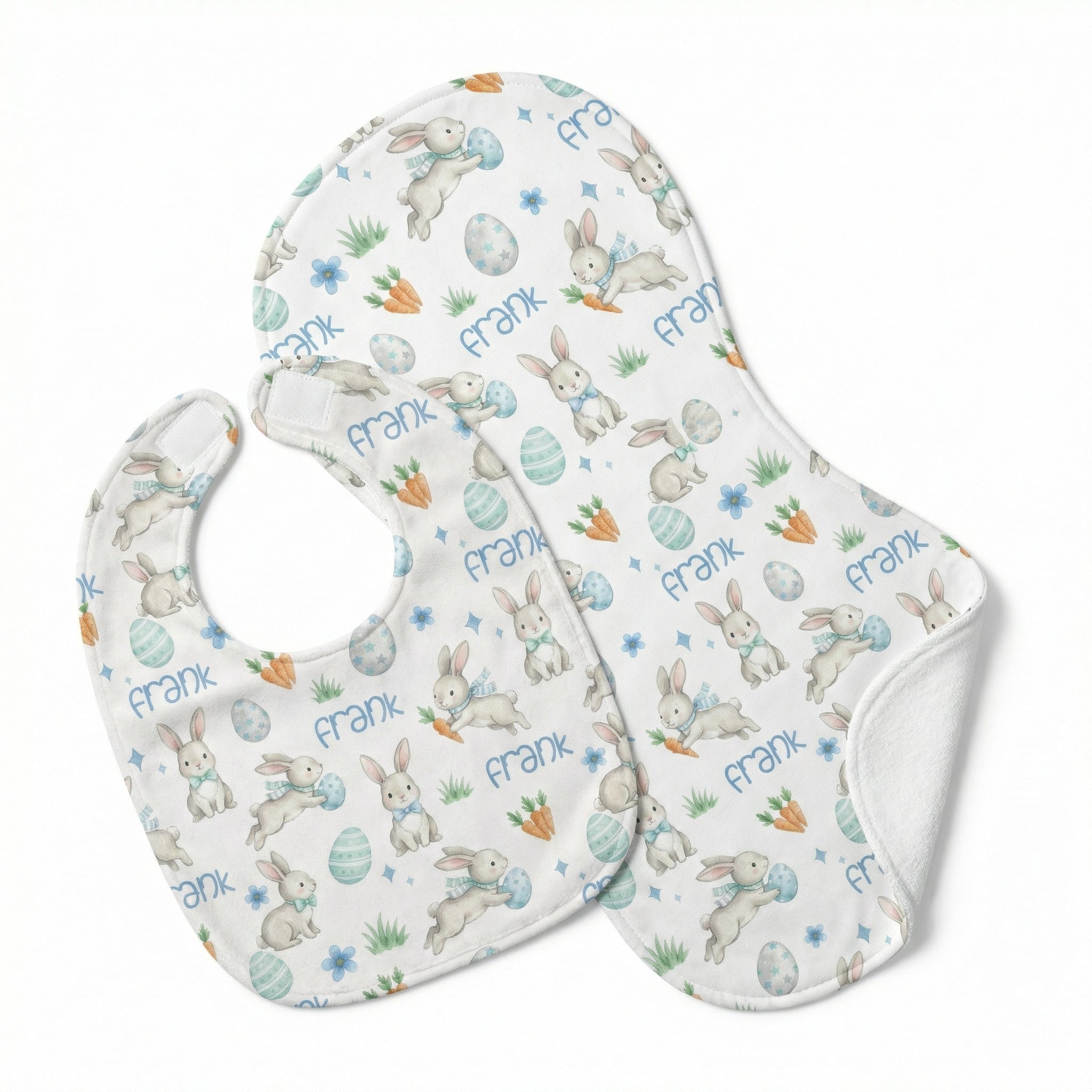 Personalized Bib and Burp Cloths in Blue Easter Eggs