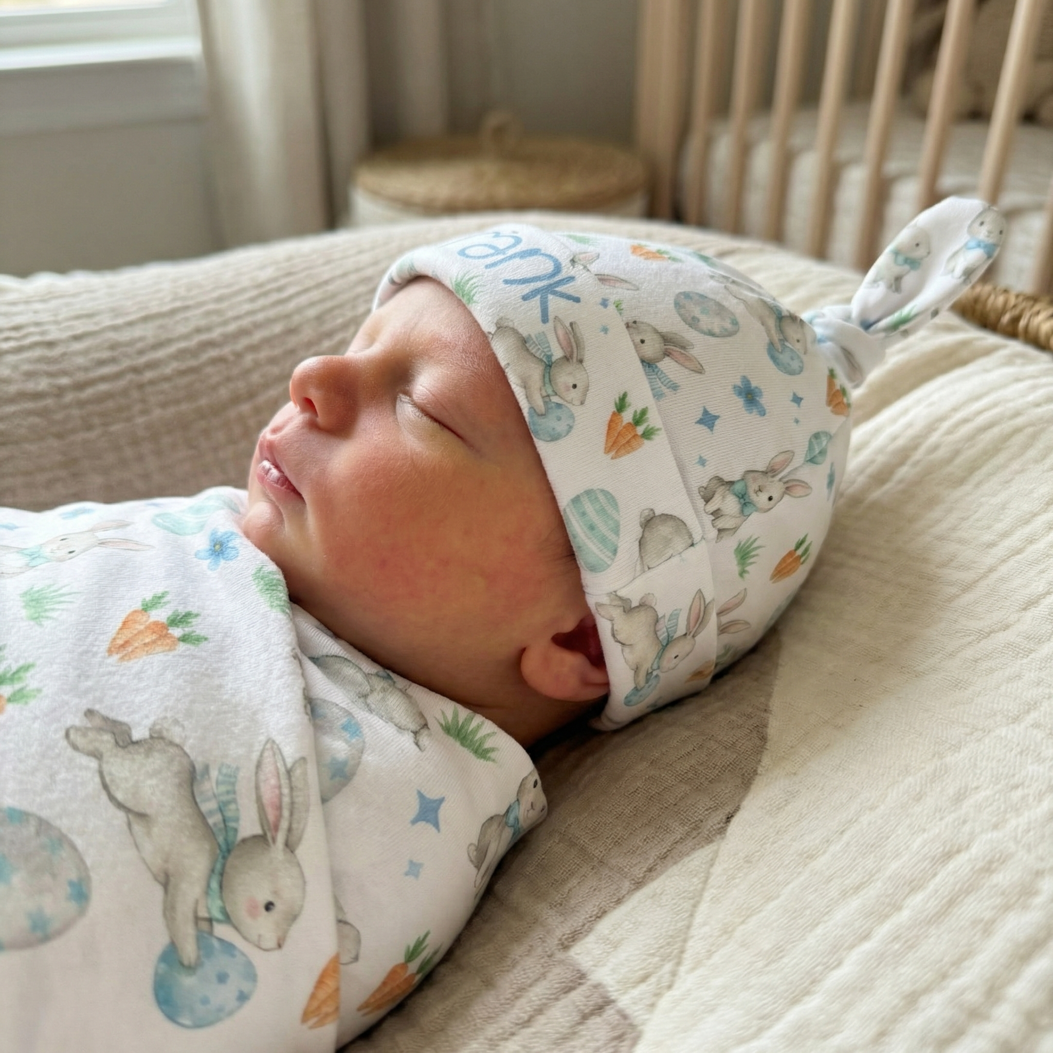Personalized Knotted Hat in Blue Easter Eggs
