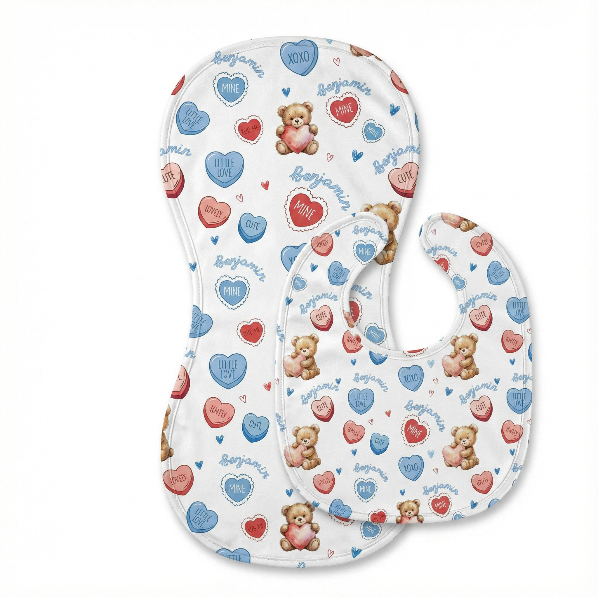 Personalized Bib and Burp Cloths Set in Blue Sweet Heart
