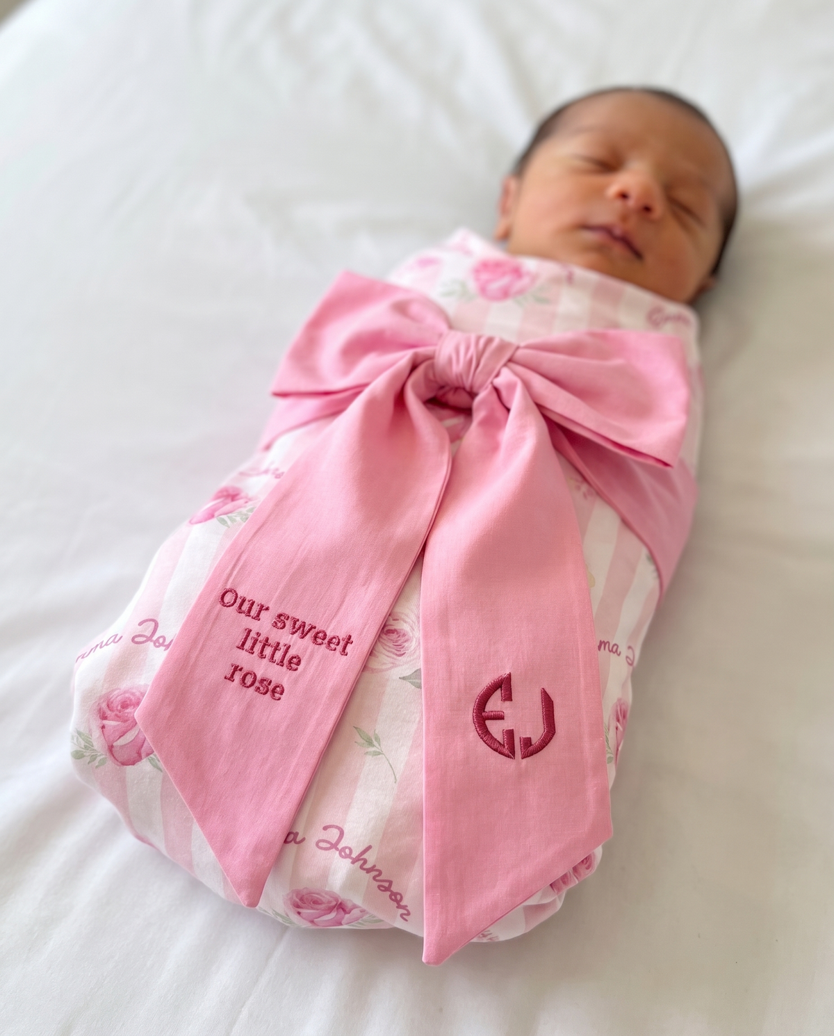 Embroidered Newborn Bow Sash in Bubblegum Pink
