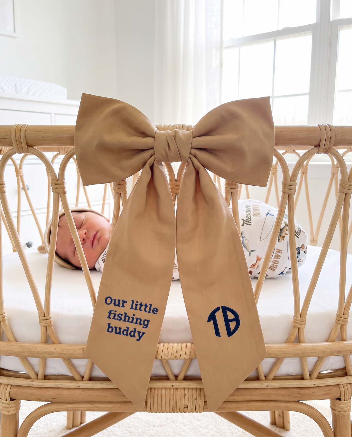 Embroidered Newborn Bow Sash in Camel
