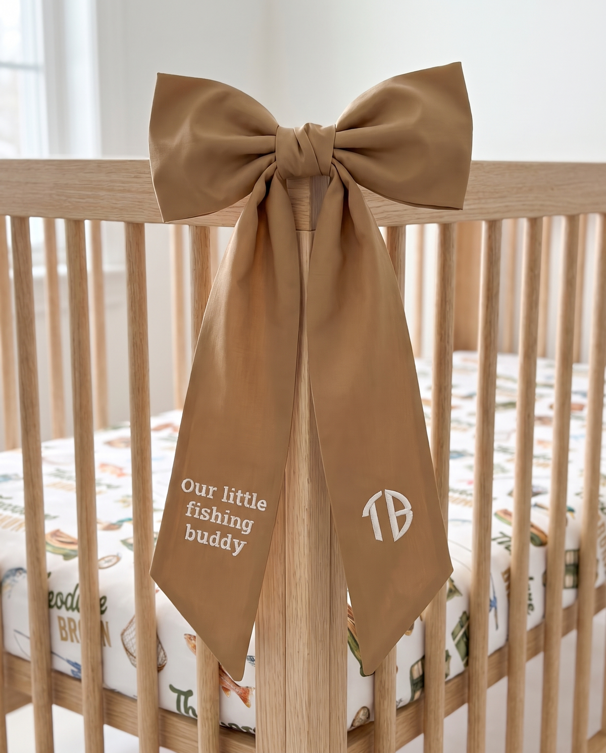 Embroidered Newborn Bow Sash in Camel