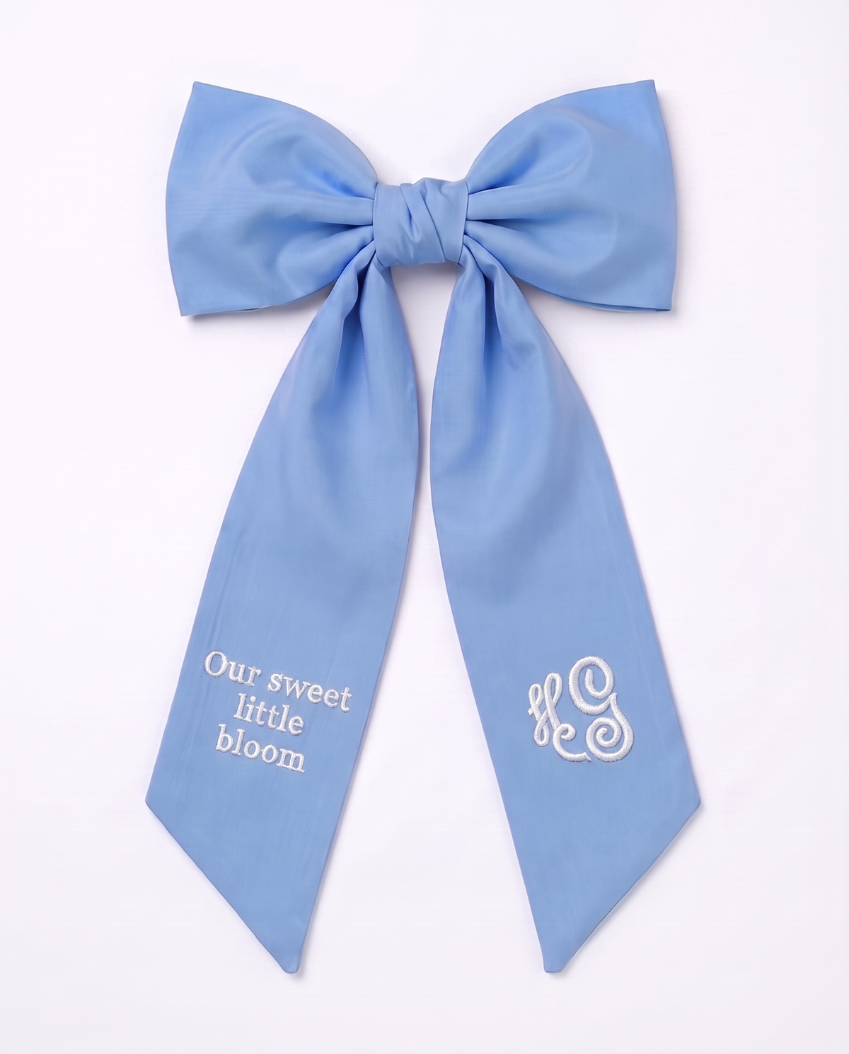 Embroidered Newborn Bow Sash in Sky Blue